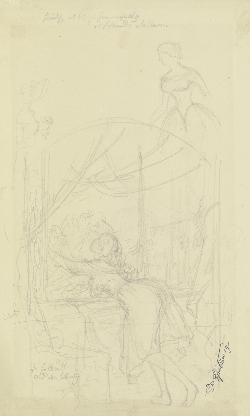 A girl at a window embracing a flower pot, with sketches of two girls above.