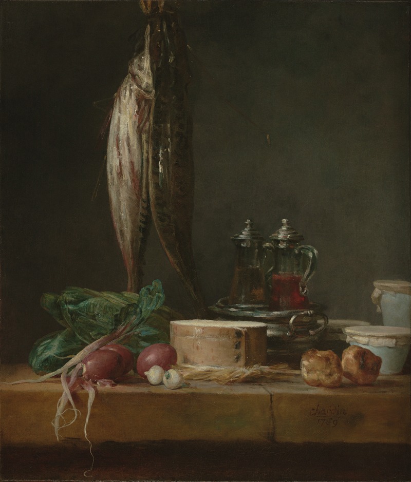 A still life painting featuring fish, vegetables, and pots.