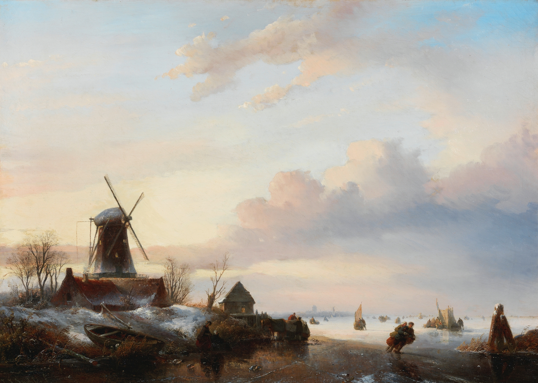Winter landscape with skaters beside a windmill, oil painting by Jan Jacob Coenraad Spohler