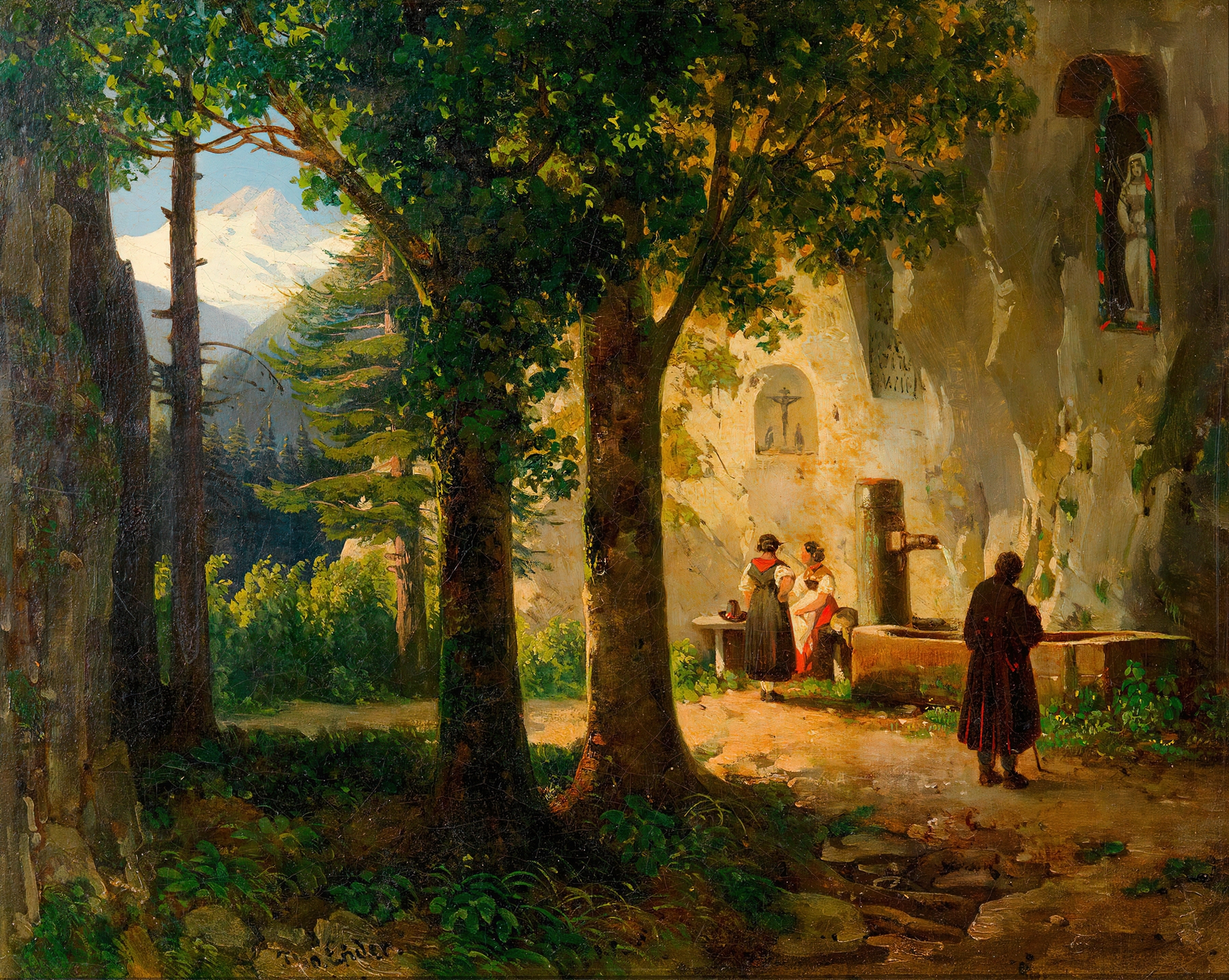 Andächtige bei einer Heilquelle (Landschaft mit Brunnen), by Thomas Ender, public domain