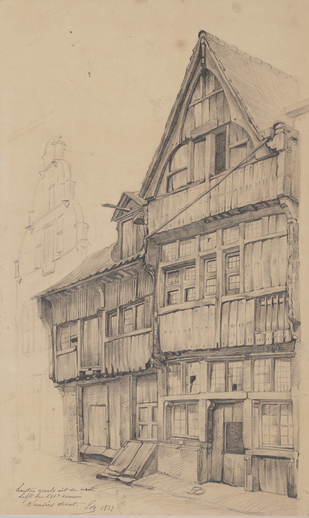 Houten gevel in de Saucierstraat by Edward Dujardin, oil on canvas depicting a wooden facade.
