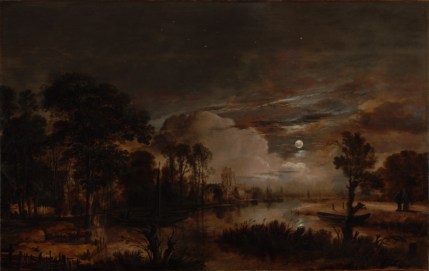 Moonlit Landscape with a View of the New Amstel River and Castle Kostverloren, by Aert van der Neer, public domain
