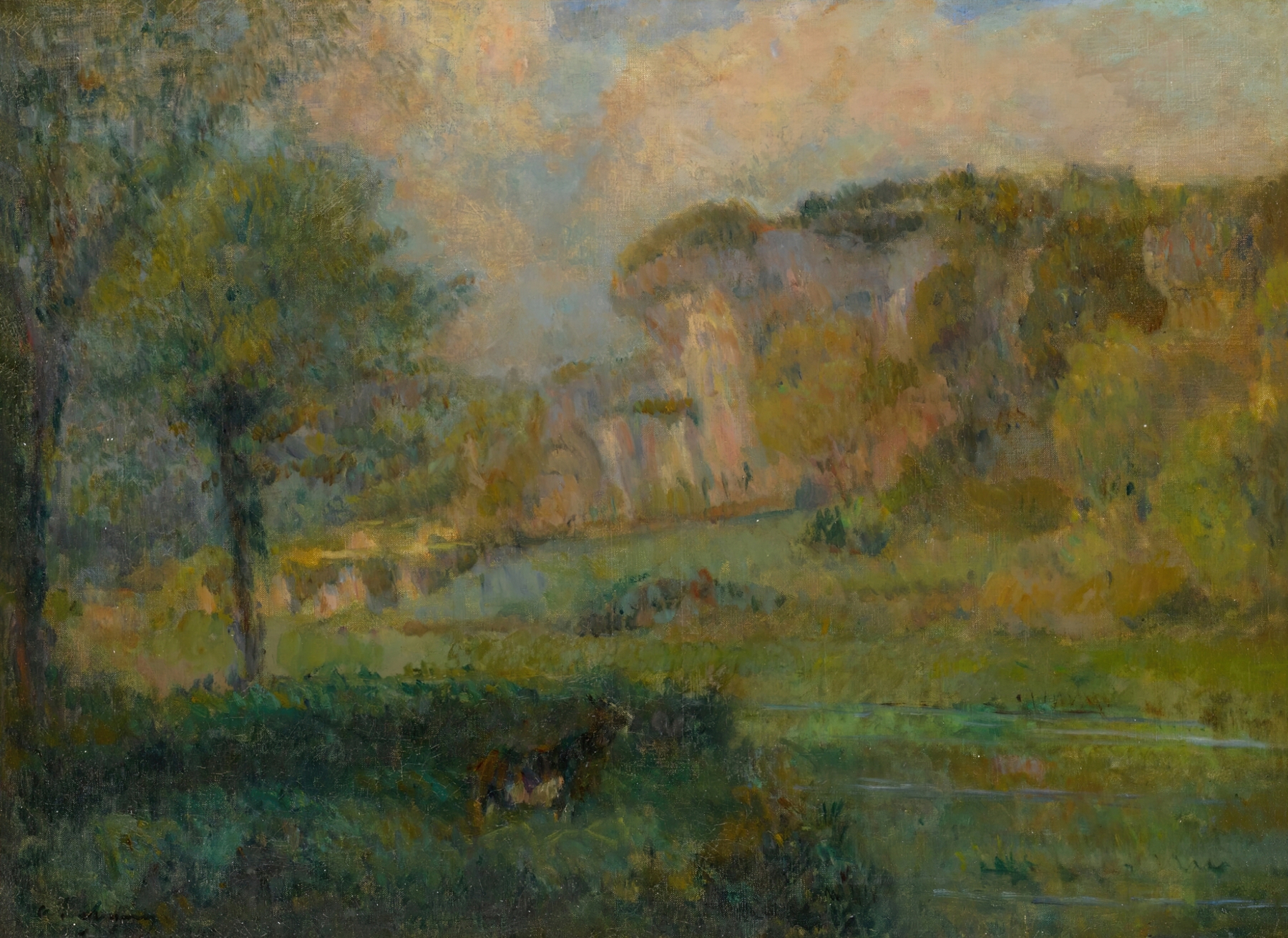 Landscape by Albert Lebourg, impressionism, depicting a textured forest with soft light.