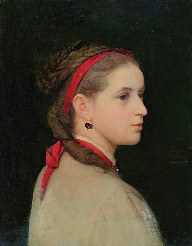 A young girl with a red hair ribbon gazes thoughtfully in this charming portrait by Albert Anker.