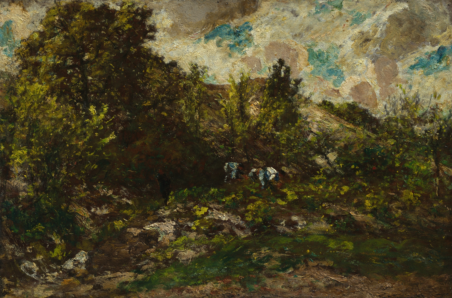 Autumn oil painting by Adolphe Monticelli featuring vibrant trees and golden light.