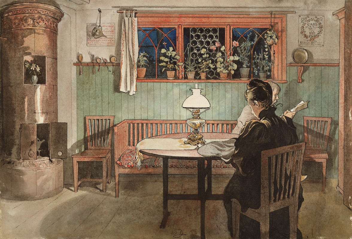 A cozy interior scene depicting a mother and child in a warm setting.