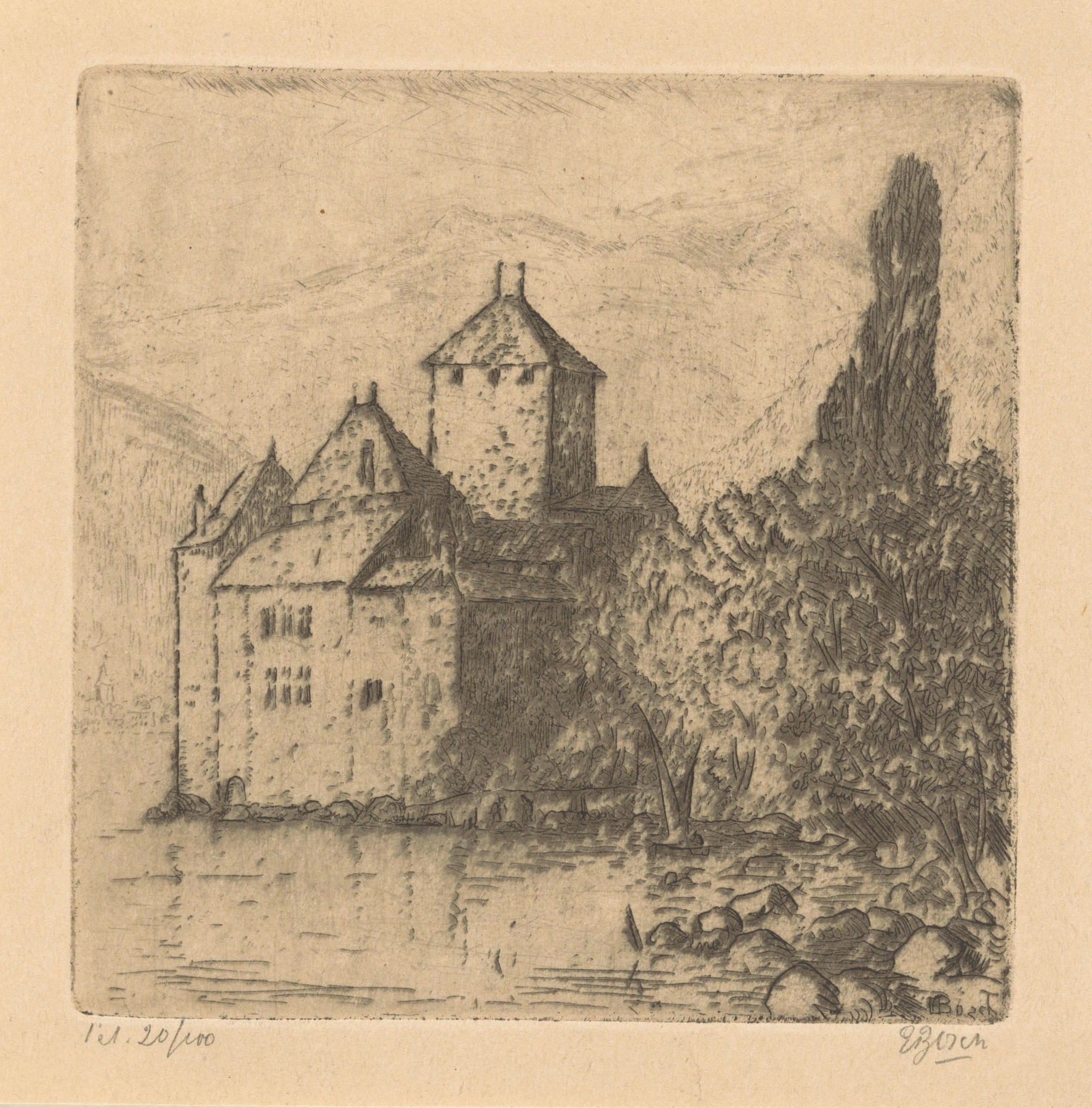 Kasteel van Chillon by Etienne Bosch, depicting a castle by a lake, oil painting