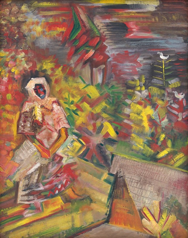 A depiction of a peasant woman in a rural setting.