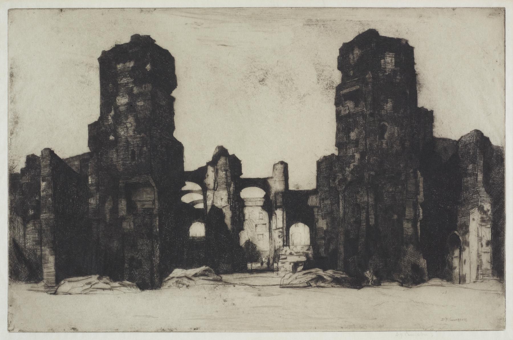Thermae of Caracalla etching by David Young Cameron depicting ancient ruins and serene landscape
