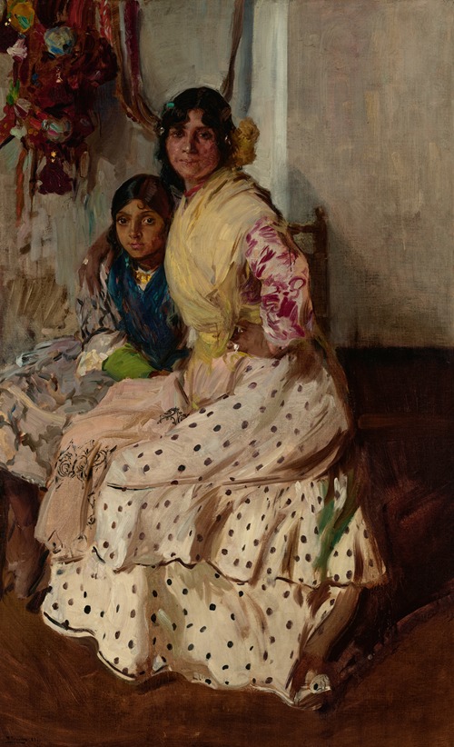 A painting depicting a gypsy mother and daughter in a vibrant setting.