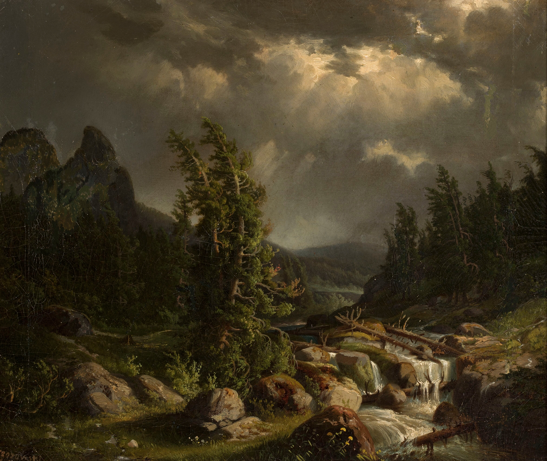 Storm in the Mountains by Feliks Brzozowski, oil painting depicting a turbulent landscape.