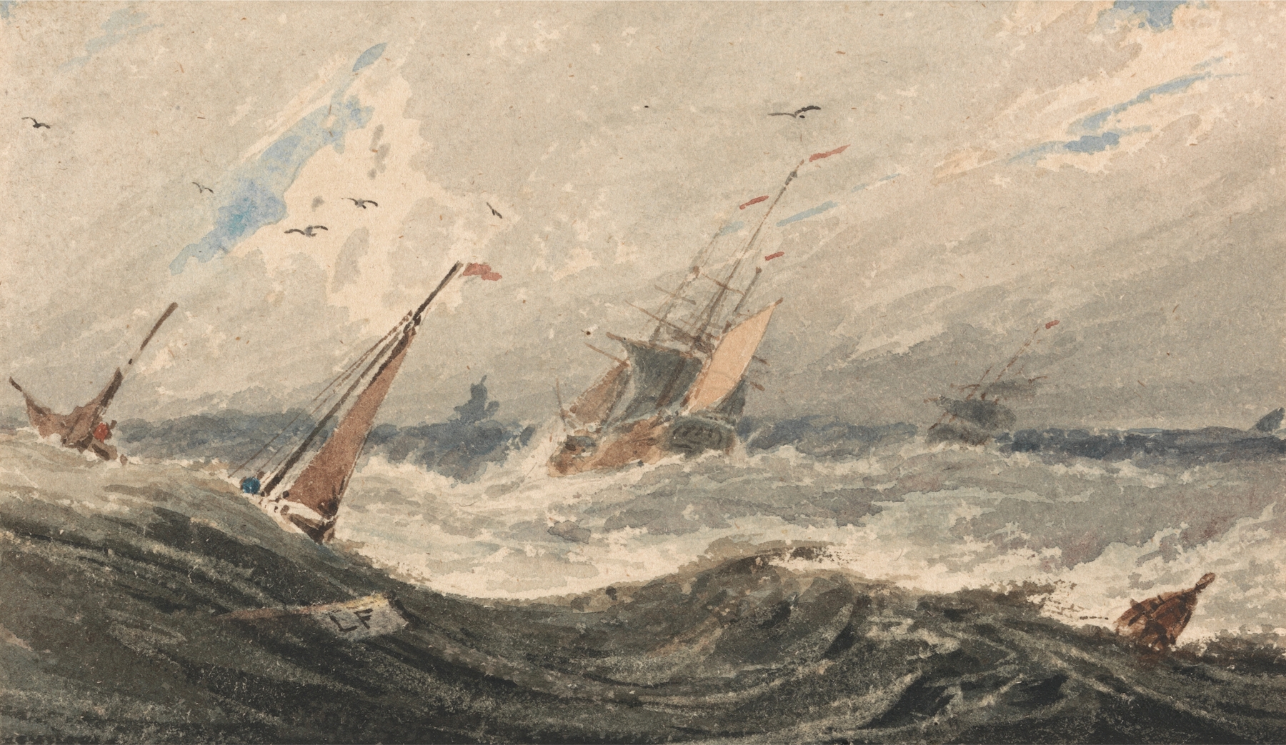 Oil painting by François Louis Thomas Francia depicting boats struggling against stormy sea waves.