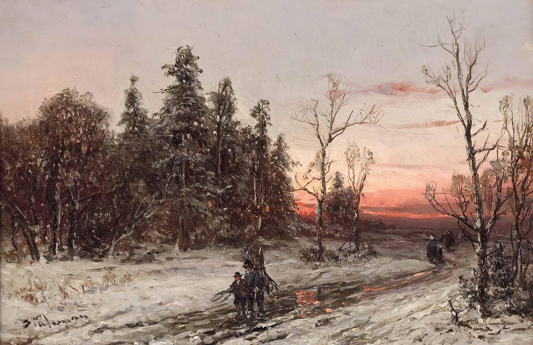 Genre scene depicting wood gatherers at dusk, oil painting by Adolf Stademann