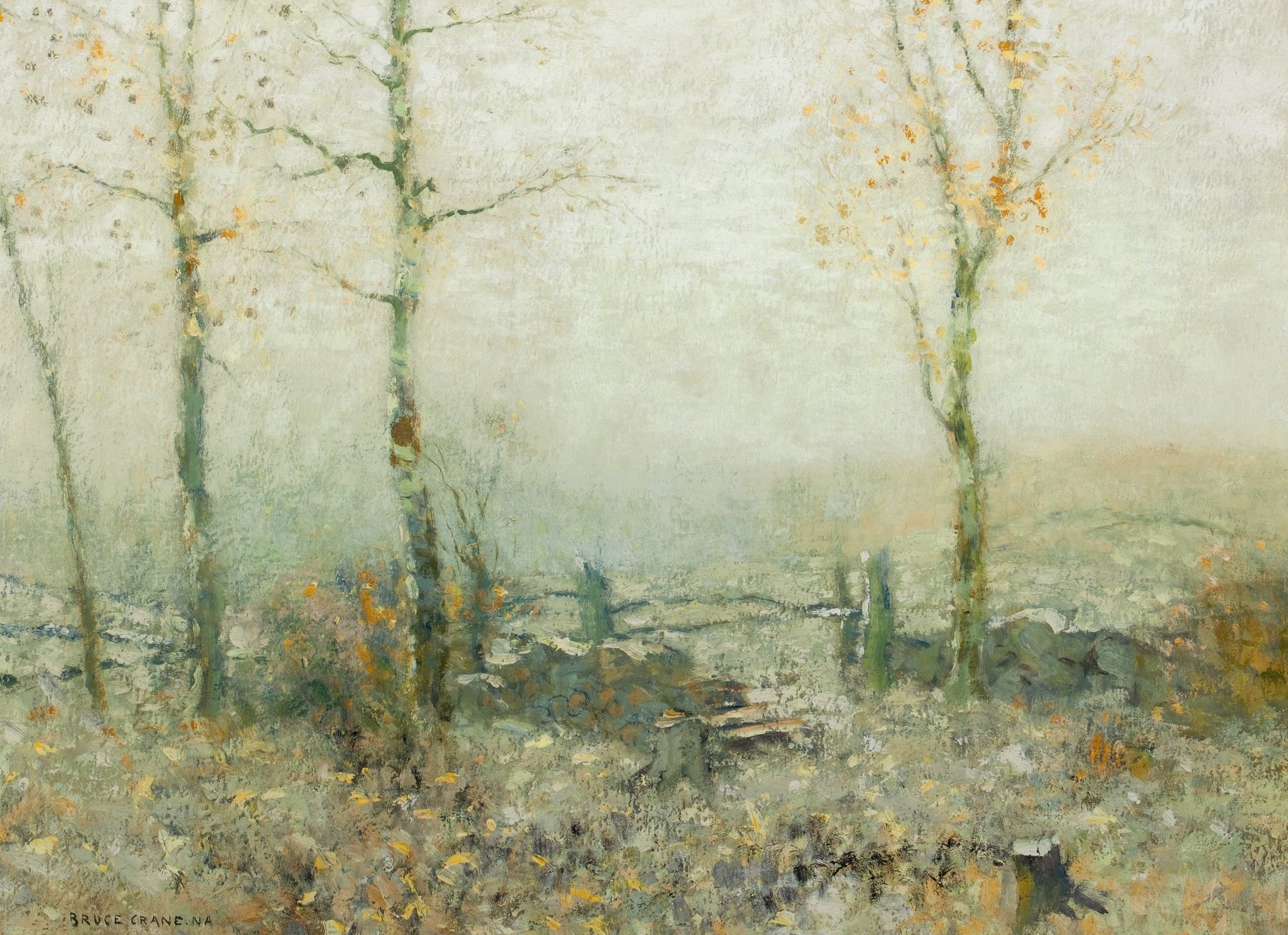Impressionist landscape by Bruce Crane, depicting a forest with dappled light and shadows.