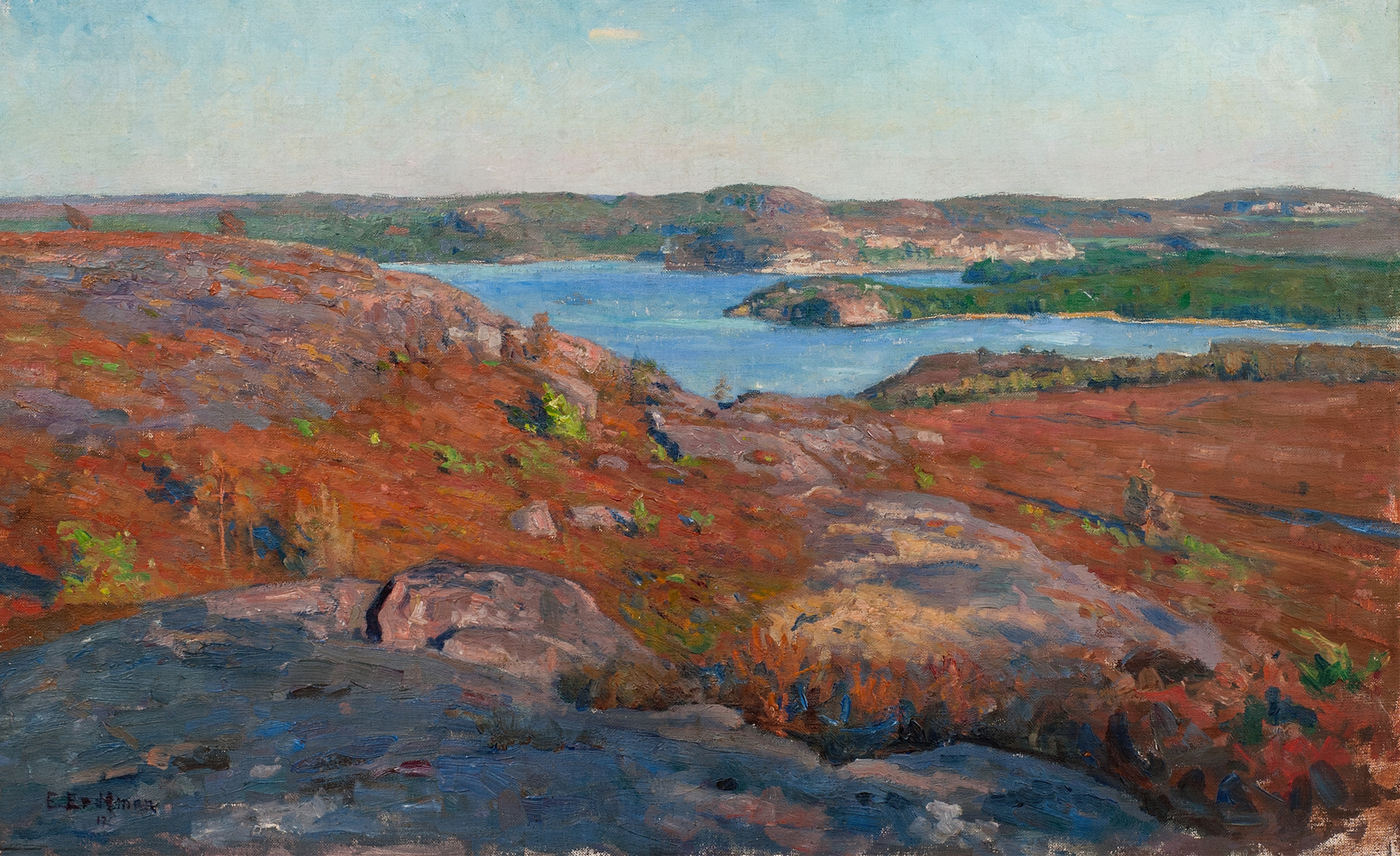 Landscape. Fjärås, Halland by Elias Erdtman, impressionist artwork depicting green hills and wildflowers