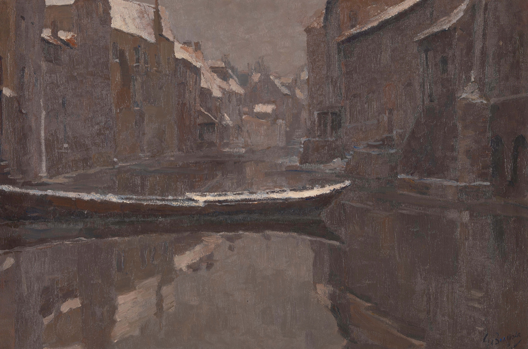 Old Canal at Ghent in Winter, oil painting by Georges Léon Ernest Buysse, featuring bare trees and a tranquil canal.
