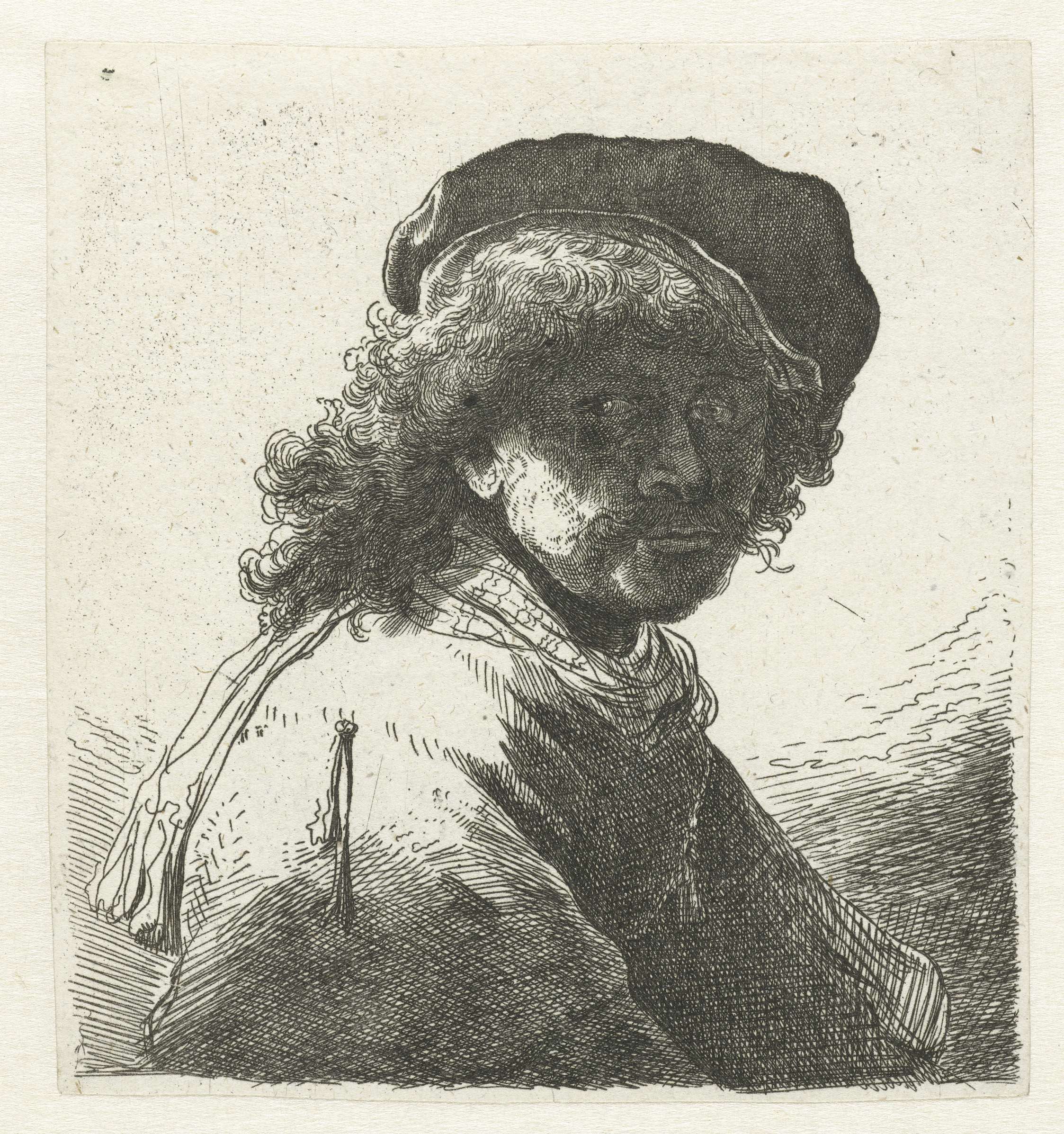 Self-portrait etching by unknown artist featuring a dark face, cap, and scarf.
