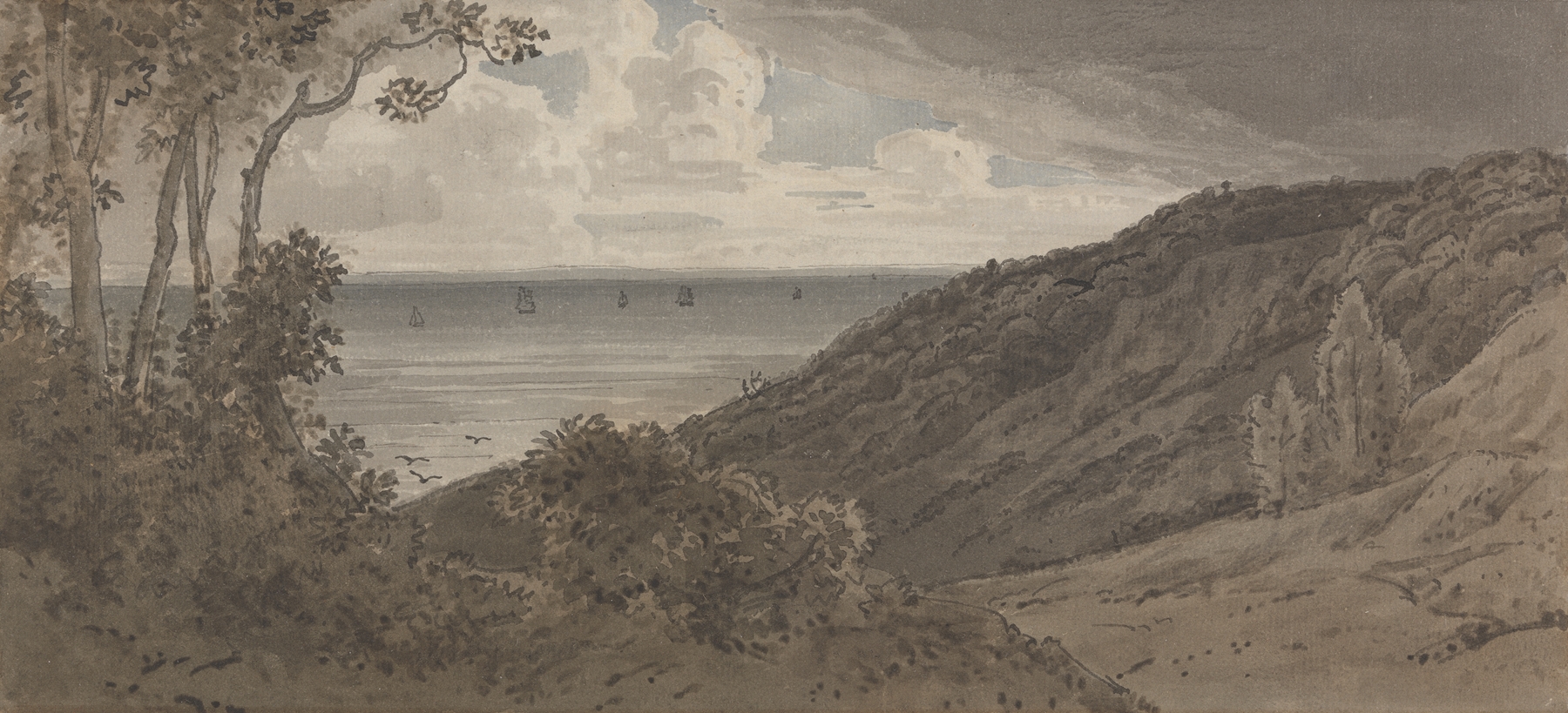 Landscape with lush greens and browns, oil painting by George Barret Jr.
