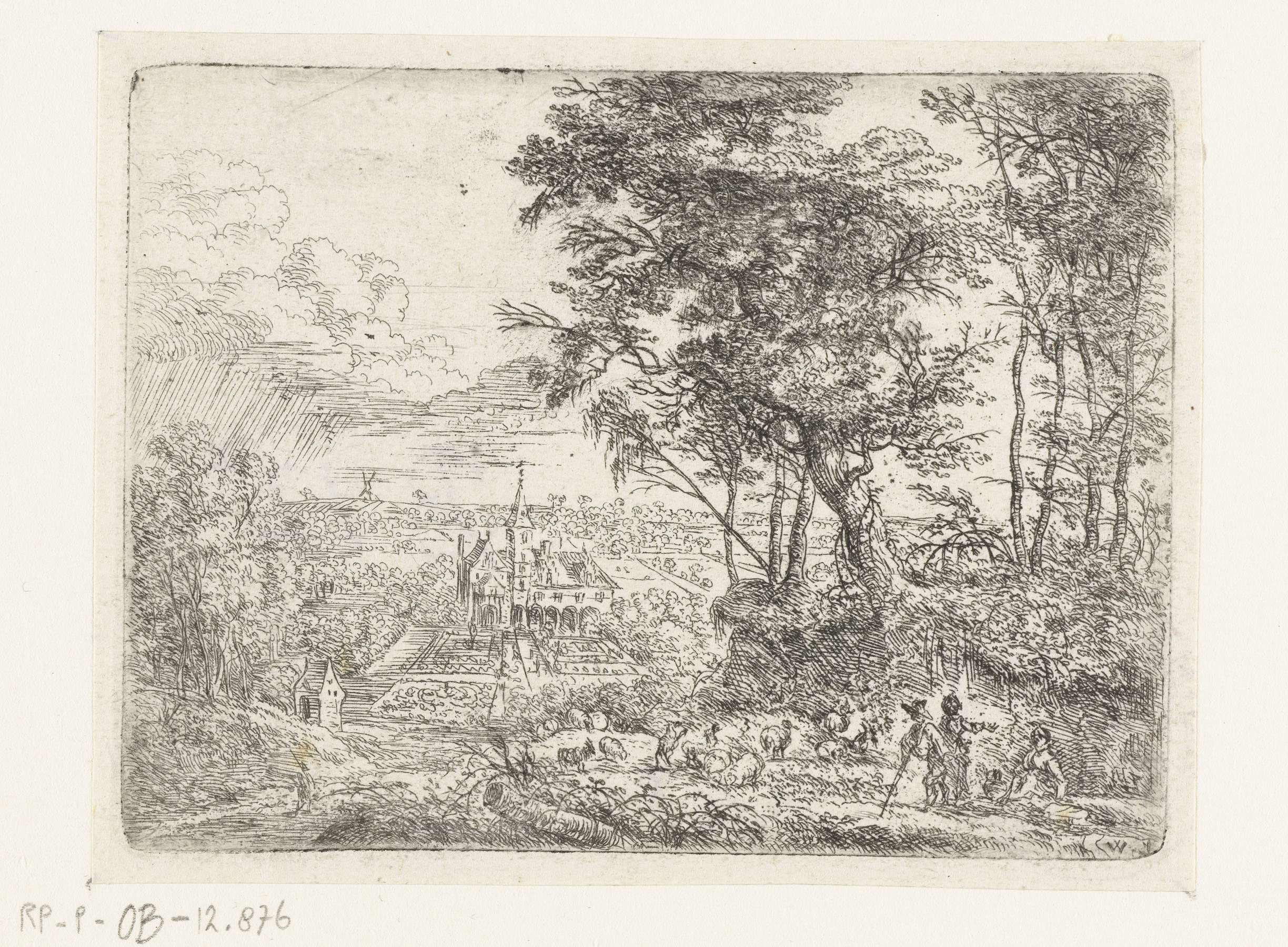 Landschap met in de verte een landhuis, etching by Lucas van Uden depicting a serene landscape with fields and a house.