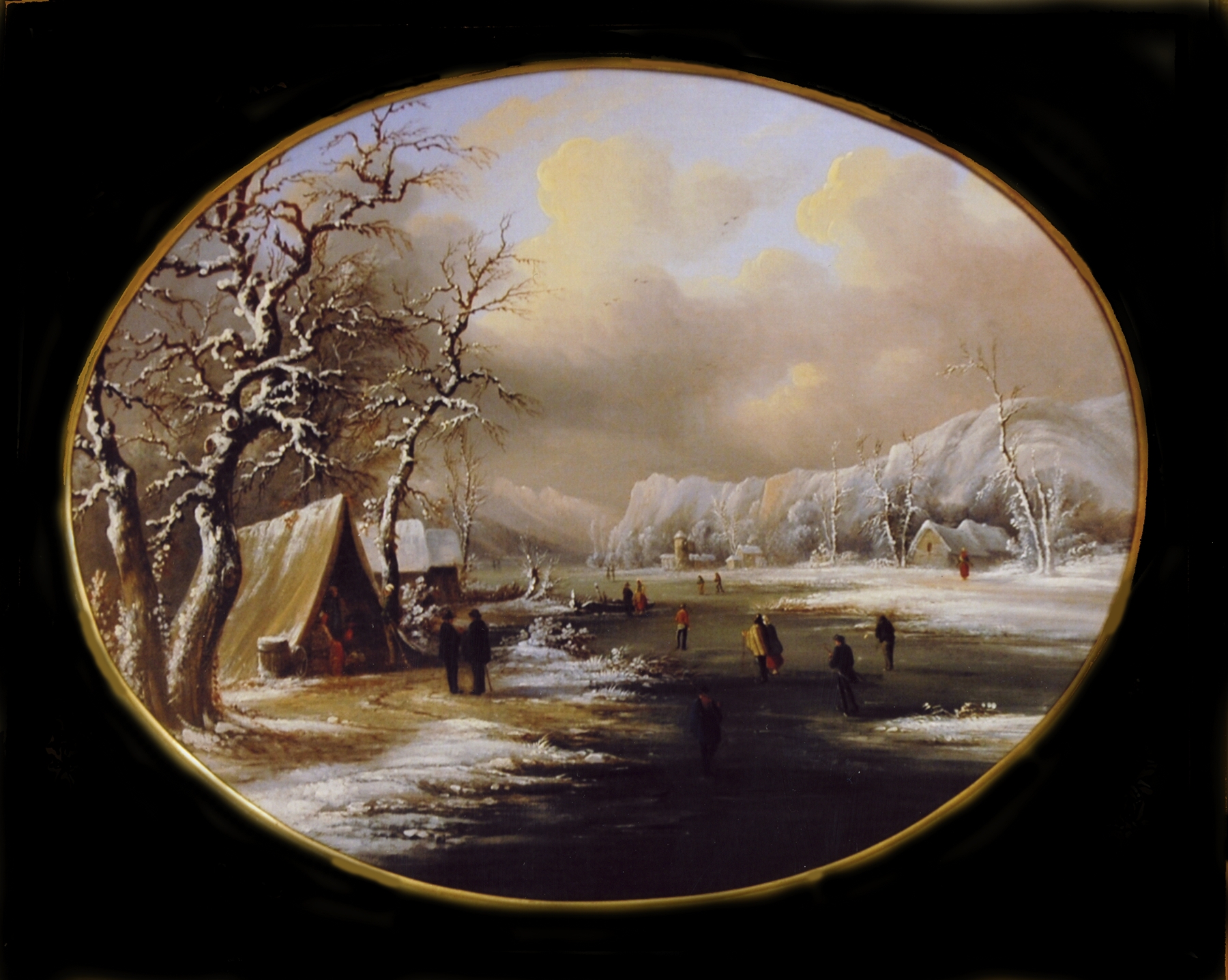 Winter Skating in New Jersey by Régis François Gignoux, oil painting of skaters on ice.