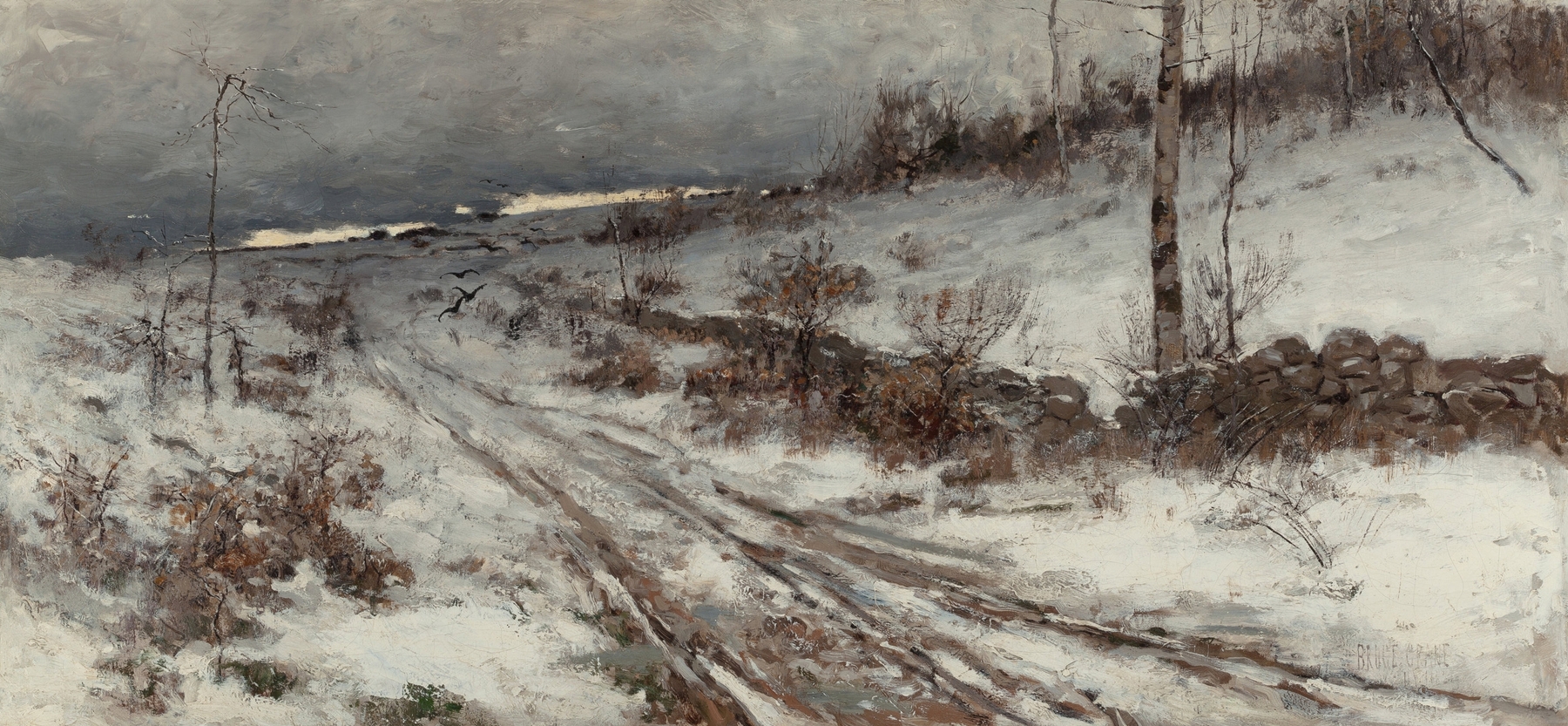 A Winter’s Day by Bruce Crane, oil painting depicting a winter landscape with snow and soft light.