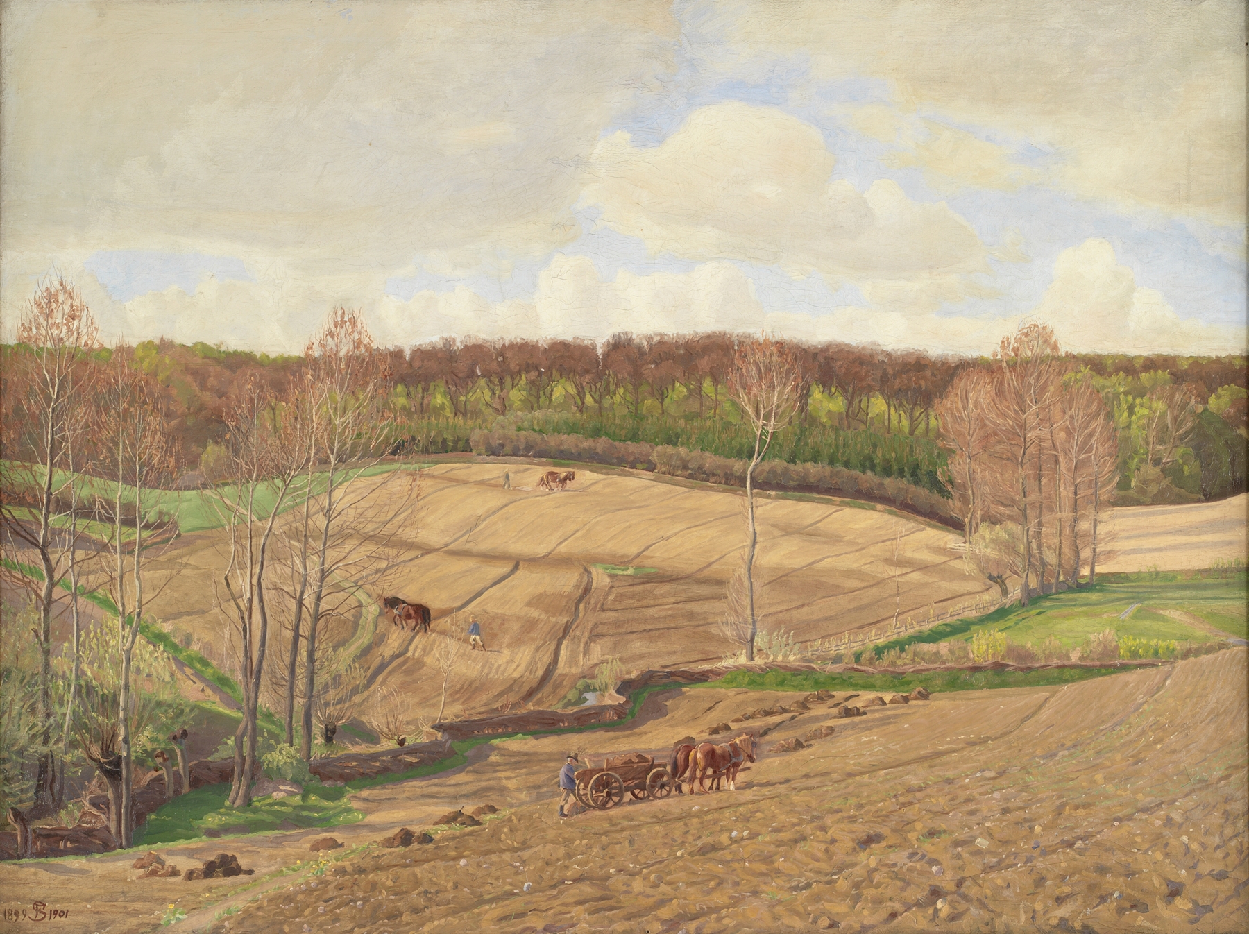 Landscape with figures in golden light, oil on canvas by Fritz Syberg