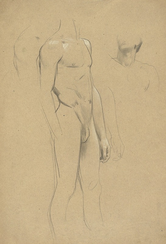 Gustav Klimt's *Männlicher Akt ohne Kopf, Hals- und Schulterstudie* features a male figure in a unique pose.