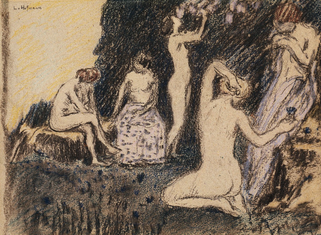 A painting featuring five nude women in a lush landscape.