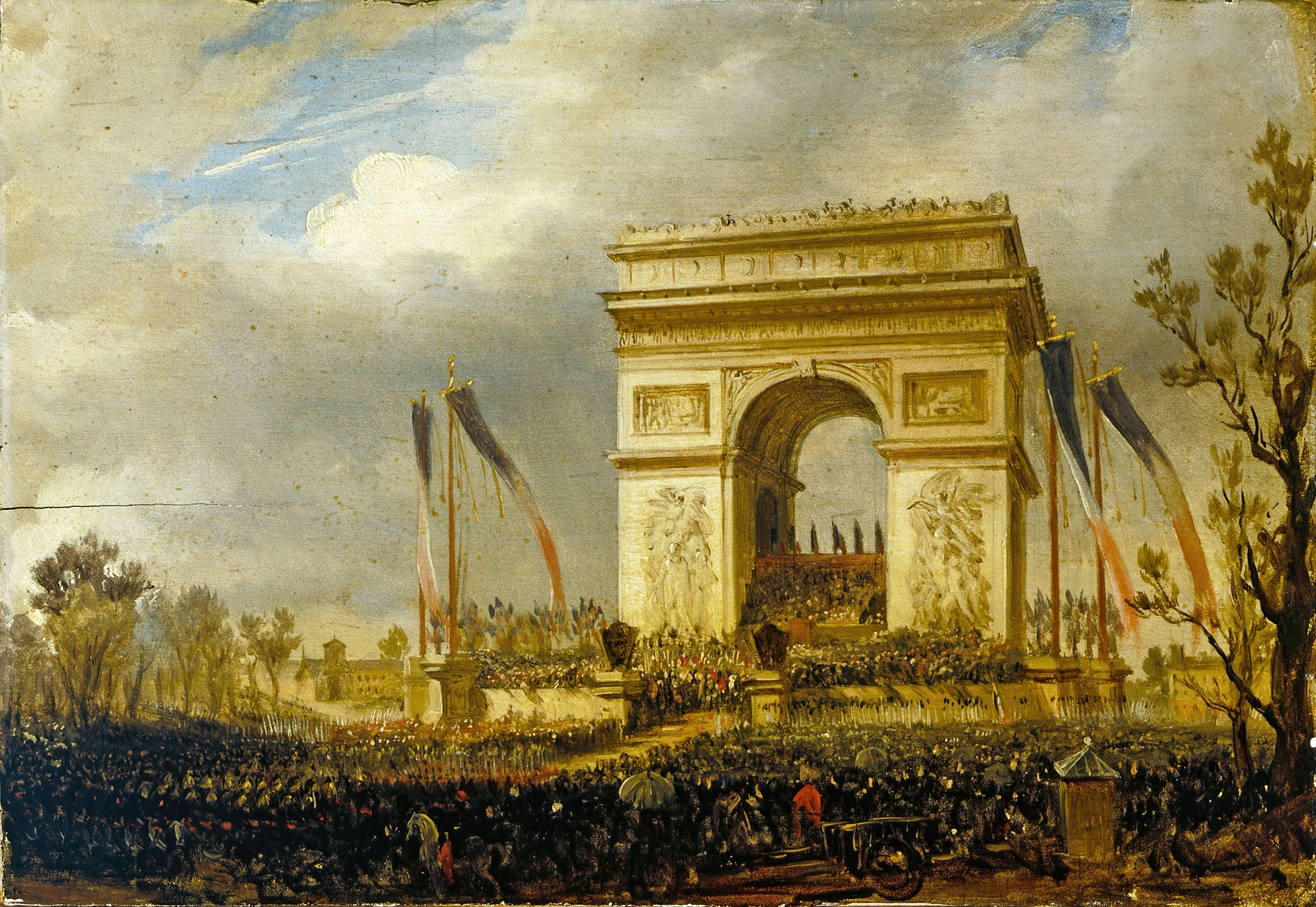 Historical scene of a crowd celebrating with flags, oil painting by Hippolyte Sébron.