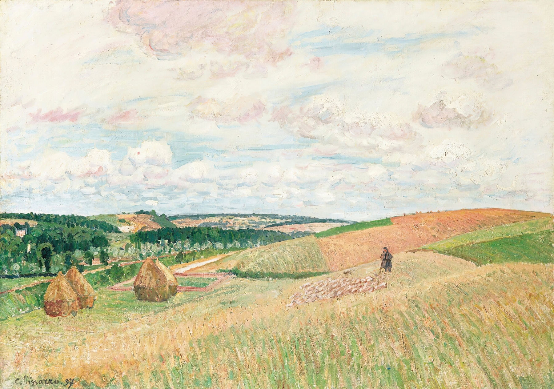 Landscape with hay bales and cattle by Camille Pissarro, oil painting