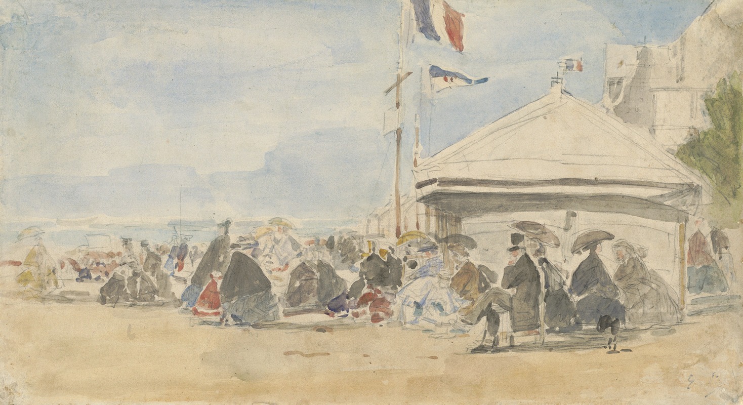 A coastal scene featuring a beach house adorned with colorful flags.