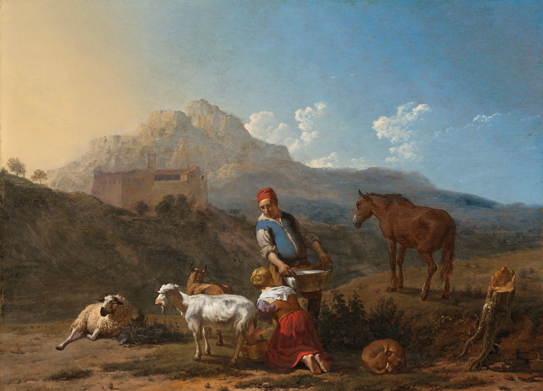 Girl milking a goat in an Italian landscape, oil on canvas by Karel Dujardin.