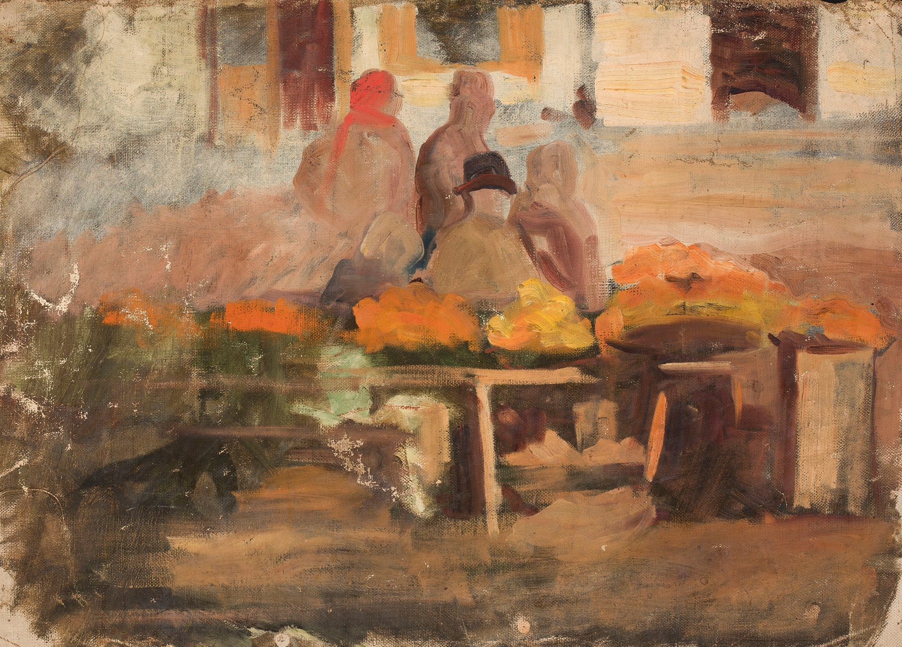 Sketch by Stanisław Ignacy Fabijański depicting a vibrant marketplace scene.