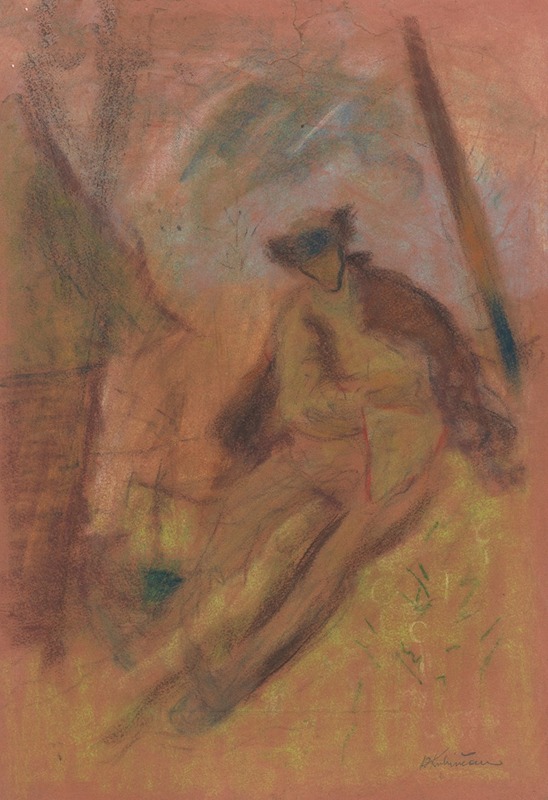 A depiction of a farmer in a rural setting.
