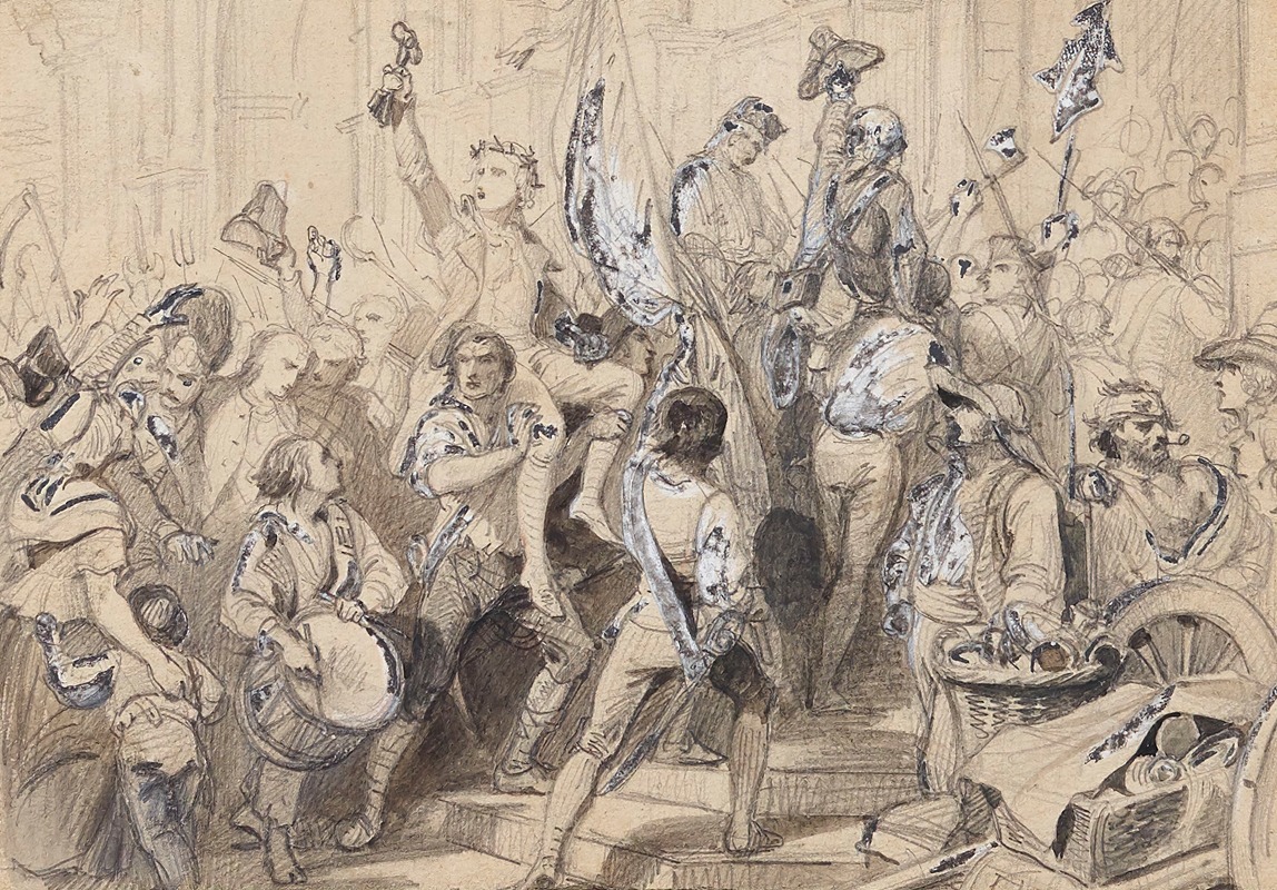 This painting depicts the return of the Bastille's capture, showcasing dramatic figures and vibrant colors.