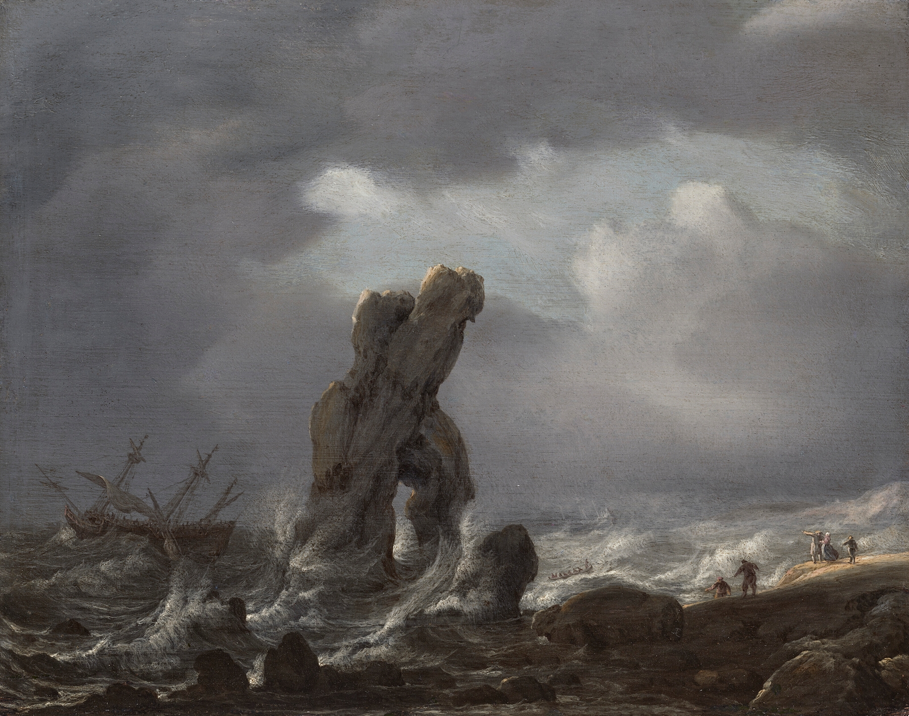 Oil on canvas by Julius Porcellis depicting ships in distress off a rocky coast