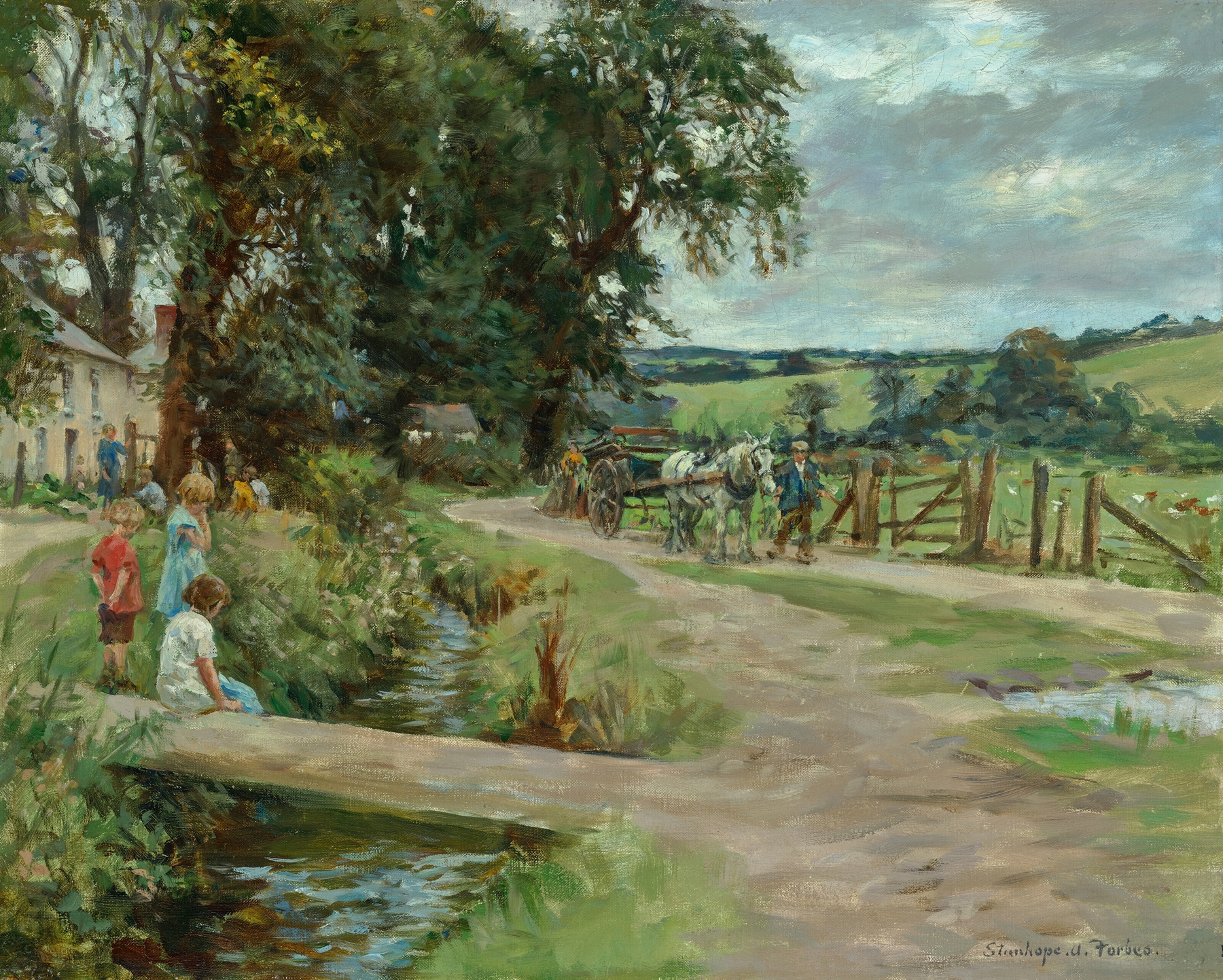 Oil painting by Stanhope Alexander Forbes depicting a village stream with sunlight reflections.