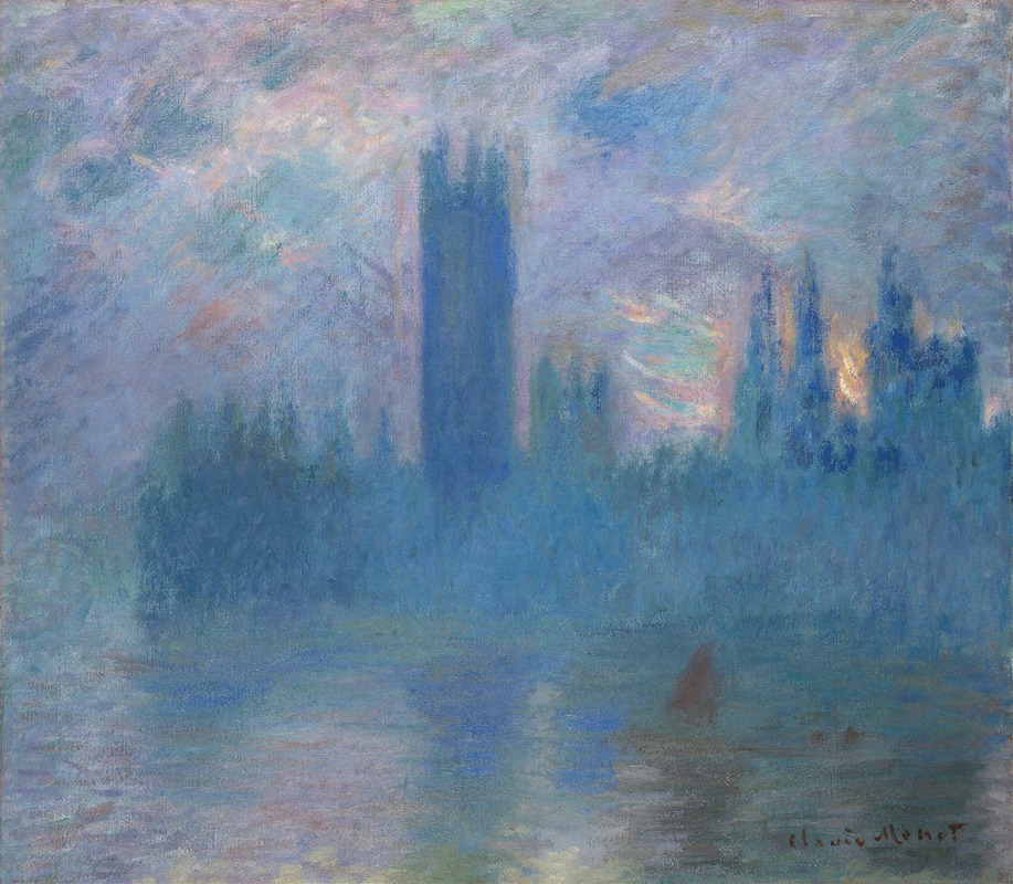 Monet's painting captures the Houses of Parliament in London under a misty atmosphere.