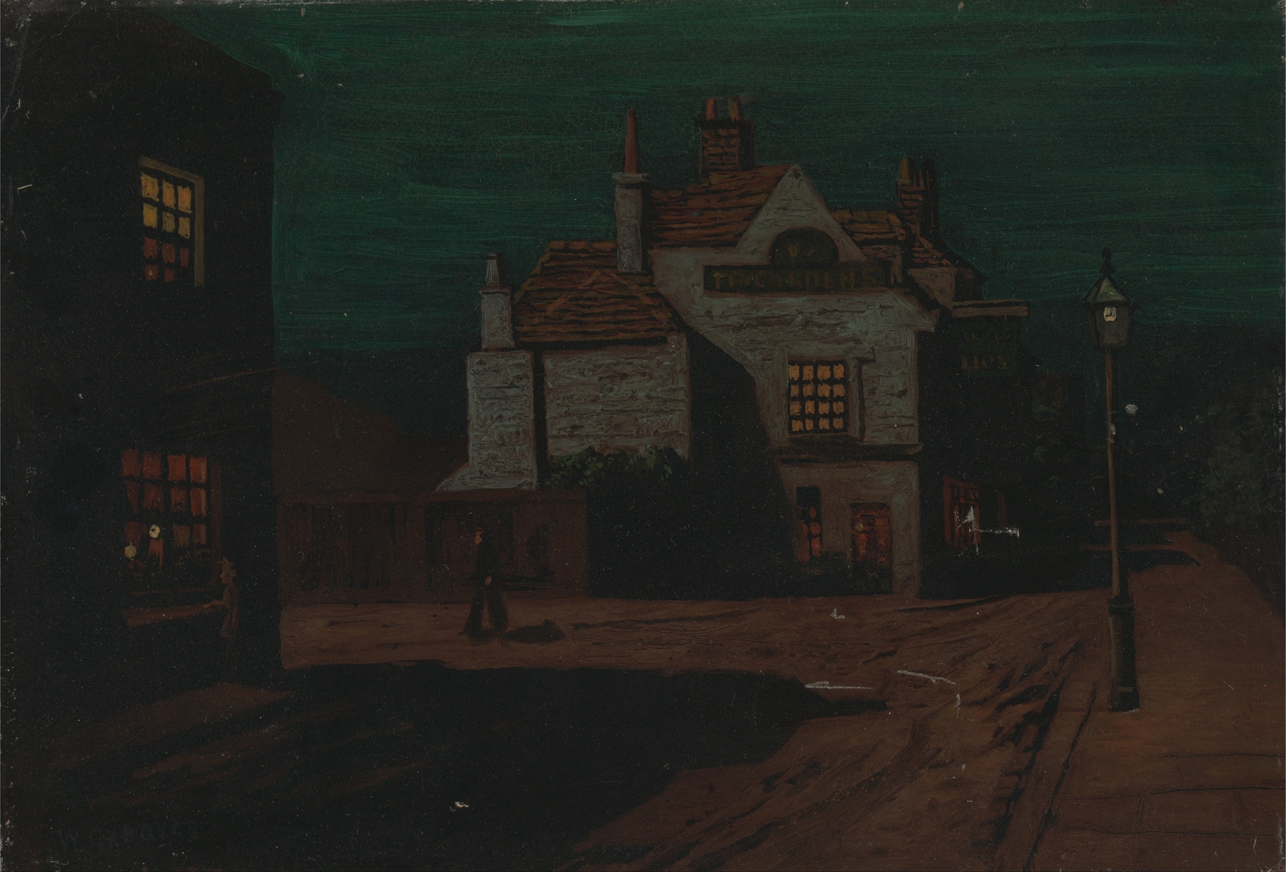 The Black Lion, Chelsea by Night, oil painting by Walter Greaves depicting a lion silhouette against a night backdrop.