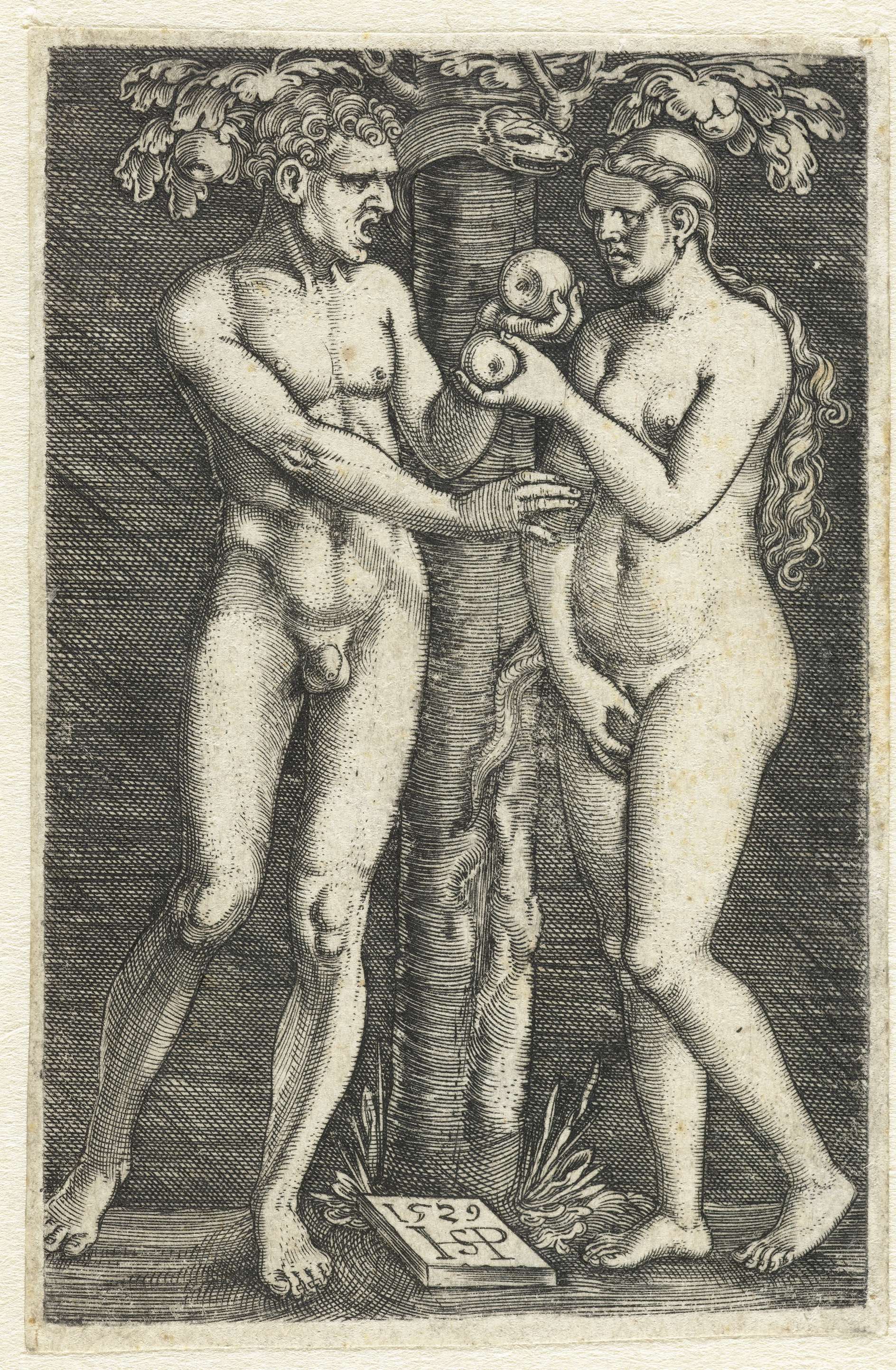 Verzoeking van Adam en Eva in het paradijs, by Hans Sebald Beham, public domain