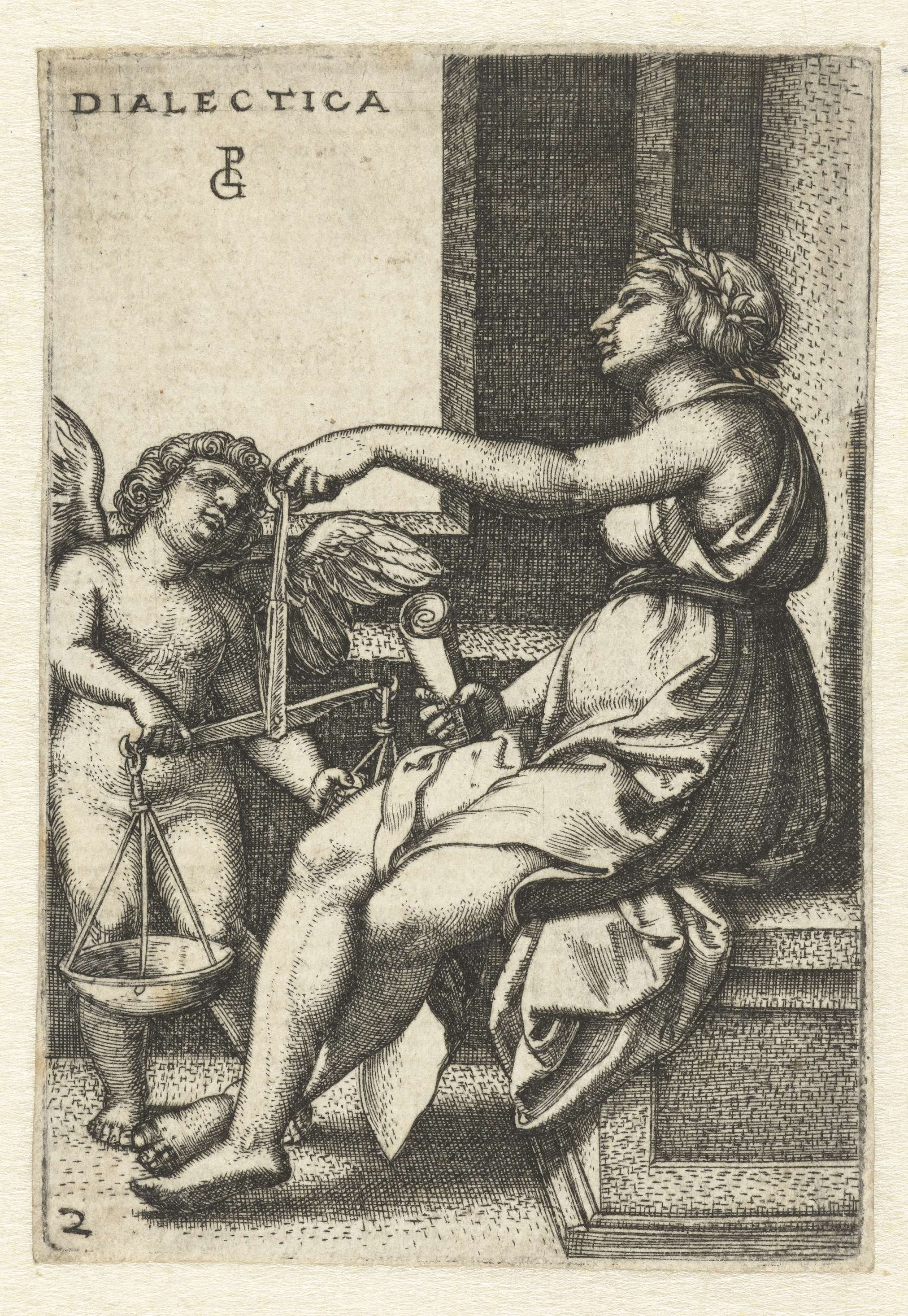 Engraving by Georg Pencz depicting a woman and man representing reason and rhetoric.
