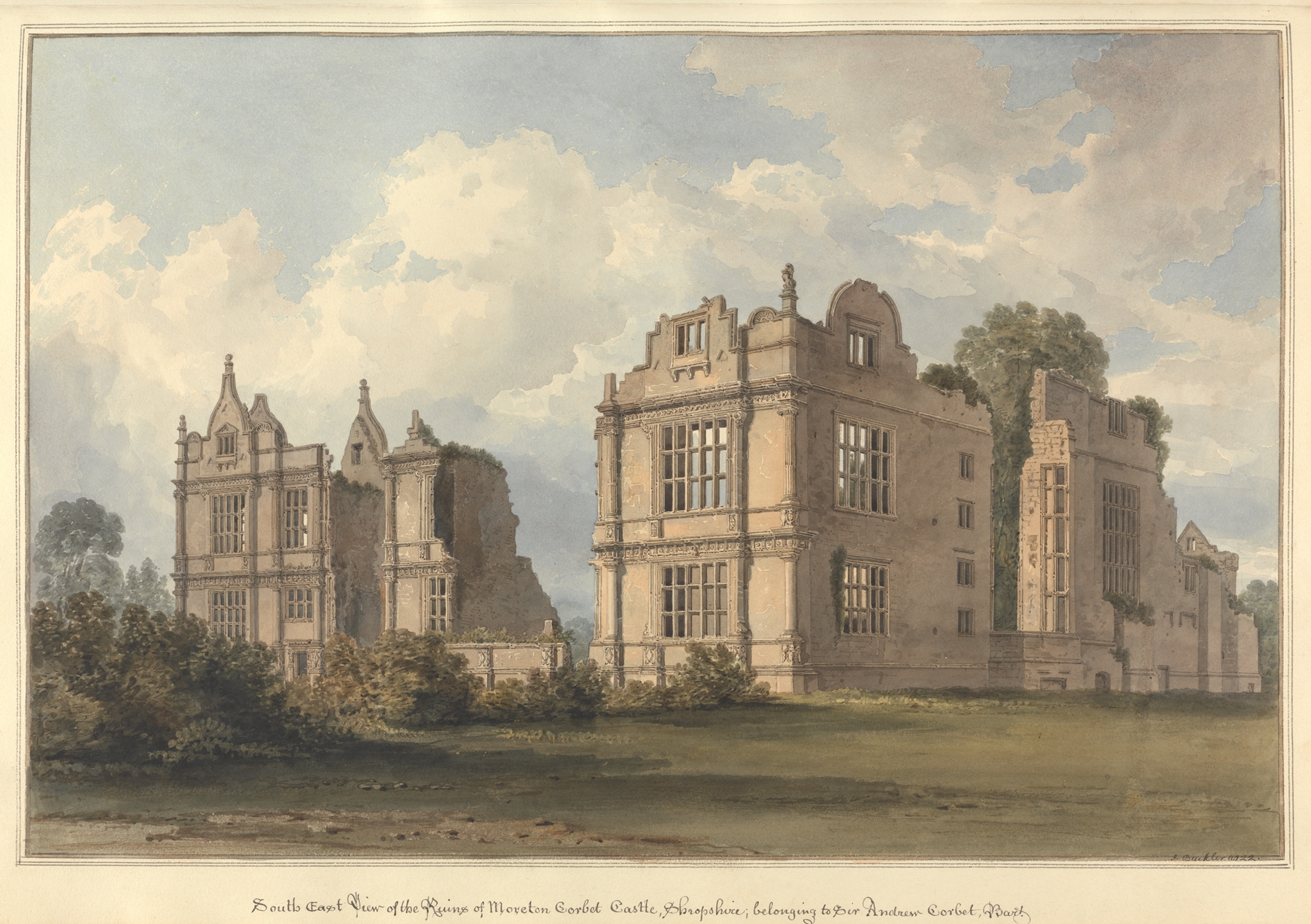 Watercolour by John Buckler depicting ruins of Moreton Corbet Castle in Shropshire