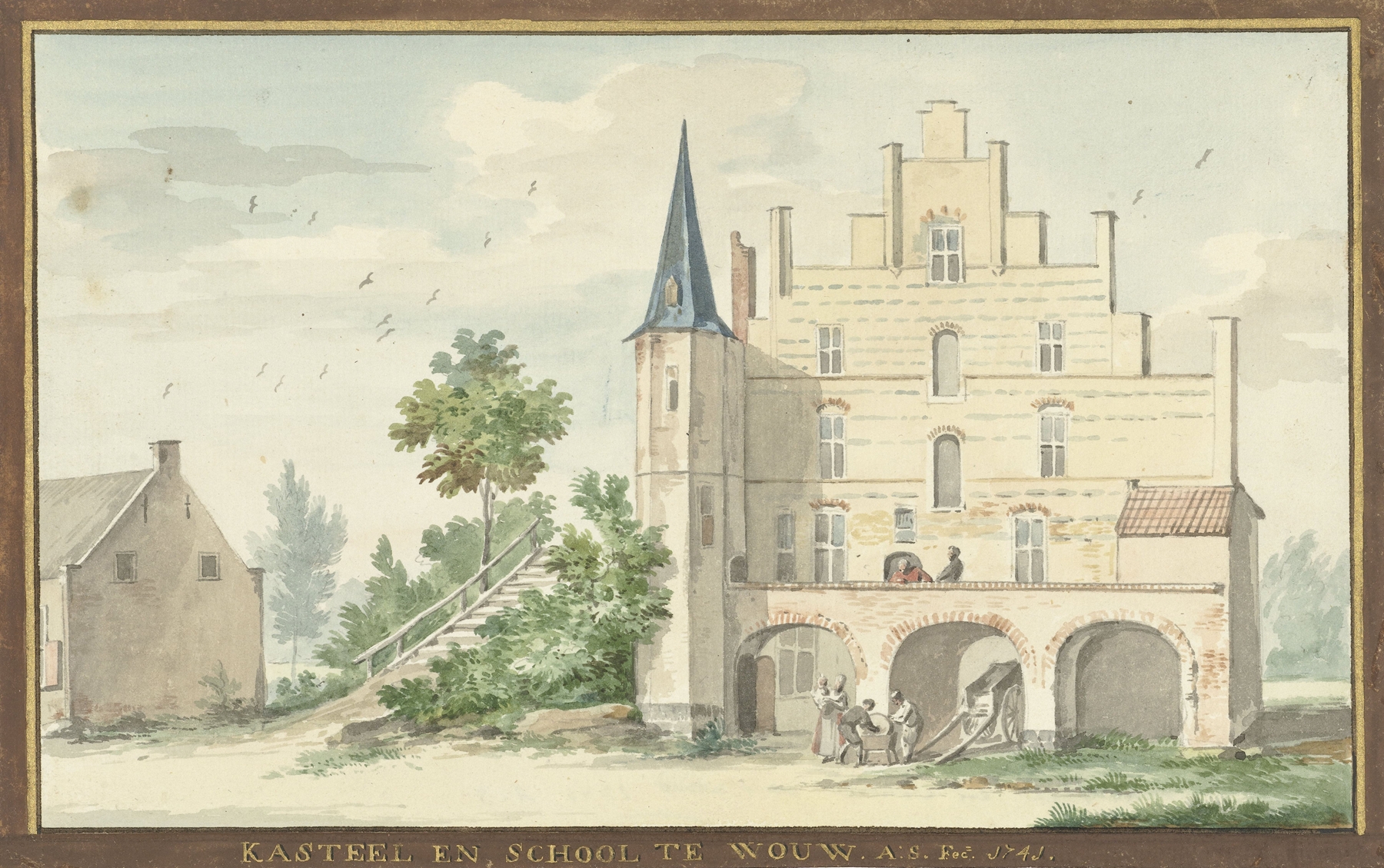 Landscape with a castle and school, oil on canvas by Aert Schouman