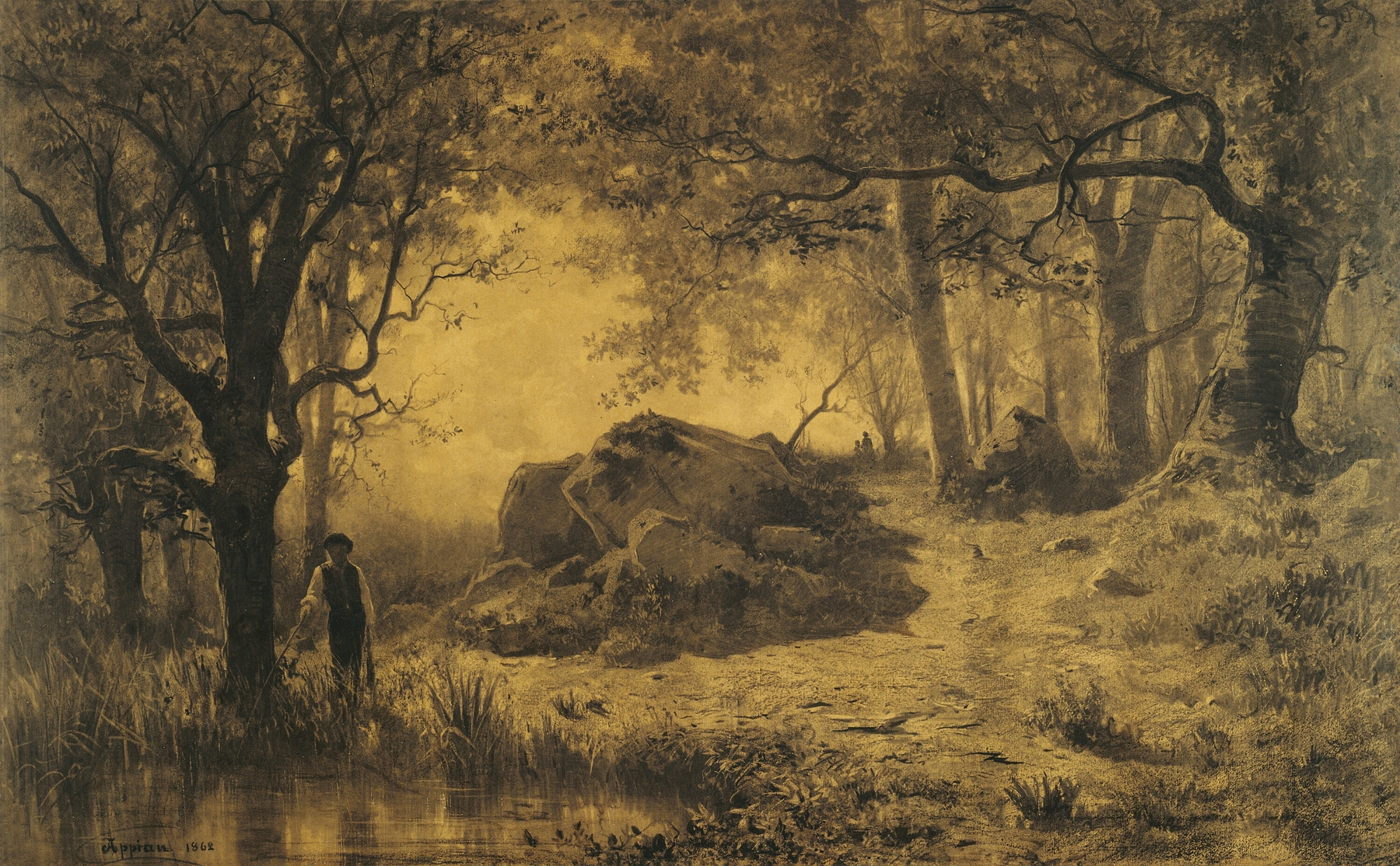 Pond at the Edge of the Wood by Adolphe Appian, oil painting depicting a serene landscape with a pond and trees.