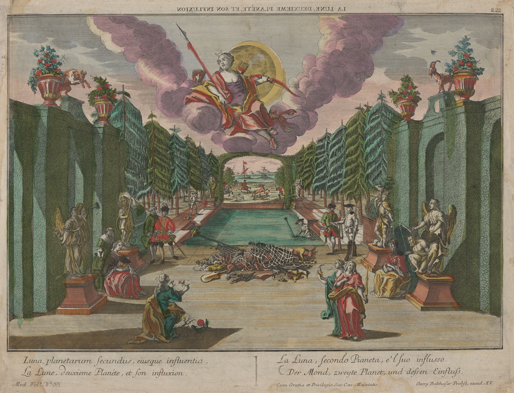 Engraving by Georg Balthasar Probst depicting the moon and celestial influence.
