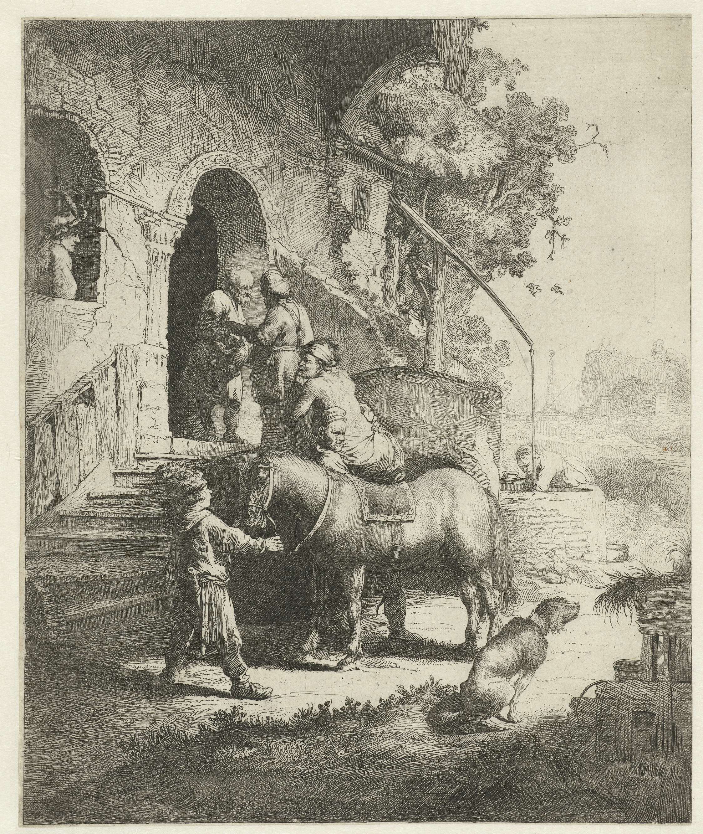 The Good Samaritan etching by Salomon Savery, depicting a Samaritan aiding a wounded traveler.