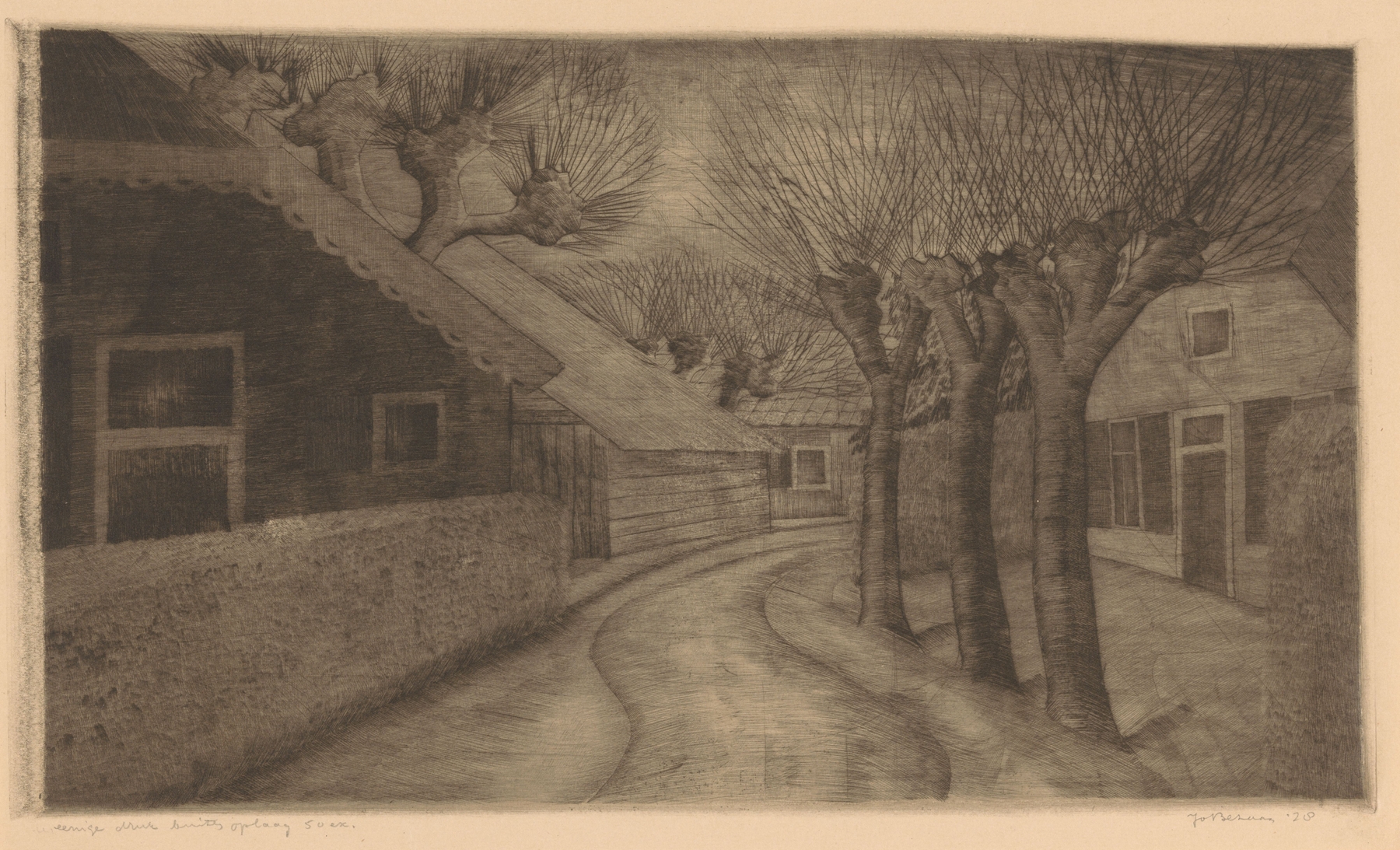 Landscape featuring a winding road through a village by Jo Bezaan, 1928