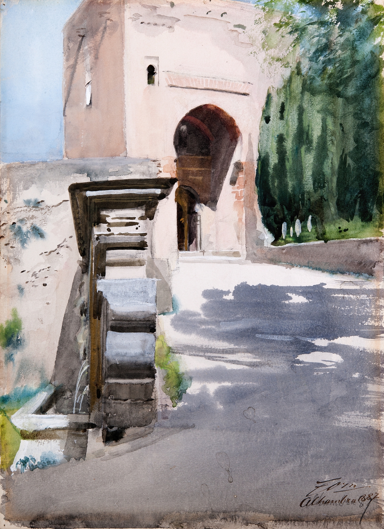 Gateway in Alhambra, oil on canvas by Anders Zorn, featuring an ornate archway and intricate stonework.
