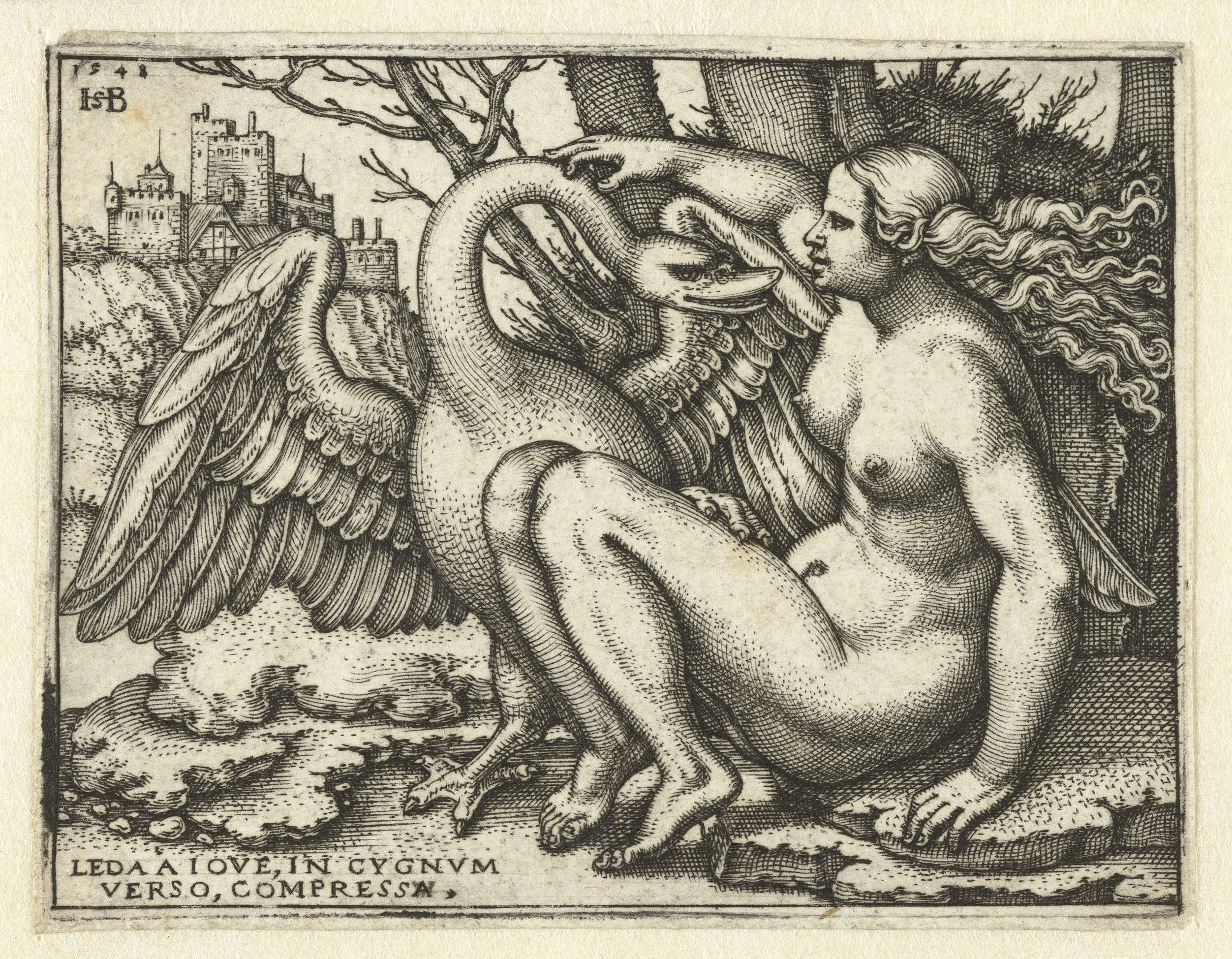 Leda entwined with a swan, engraving by Hans Sebald Beham