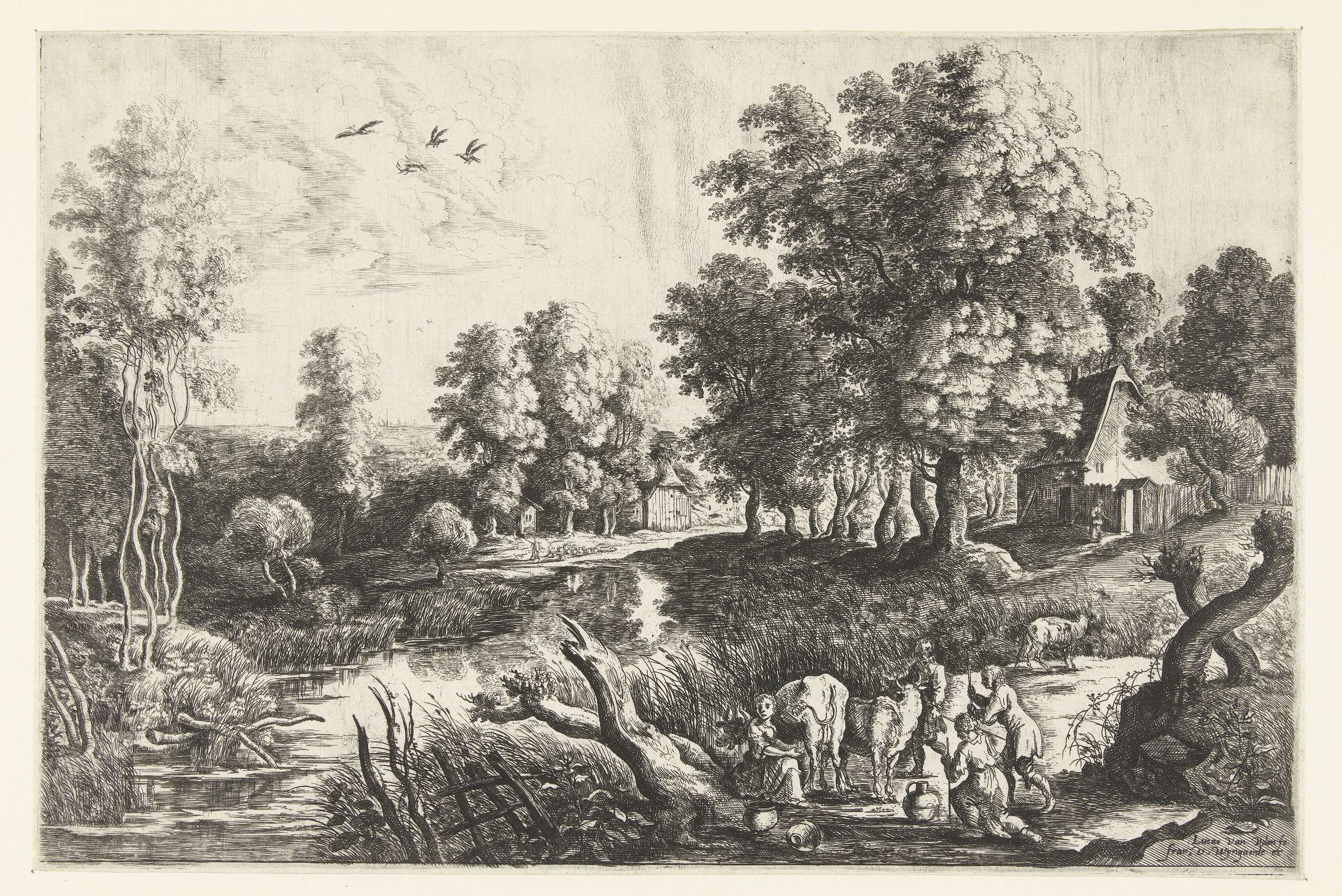 Boeren met vee bij een beek etching by Lucas van Uden showing farmers with cattle by a river